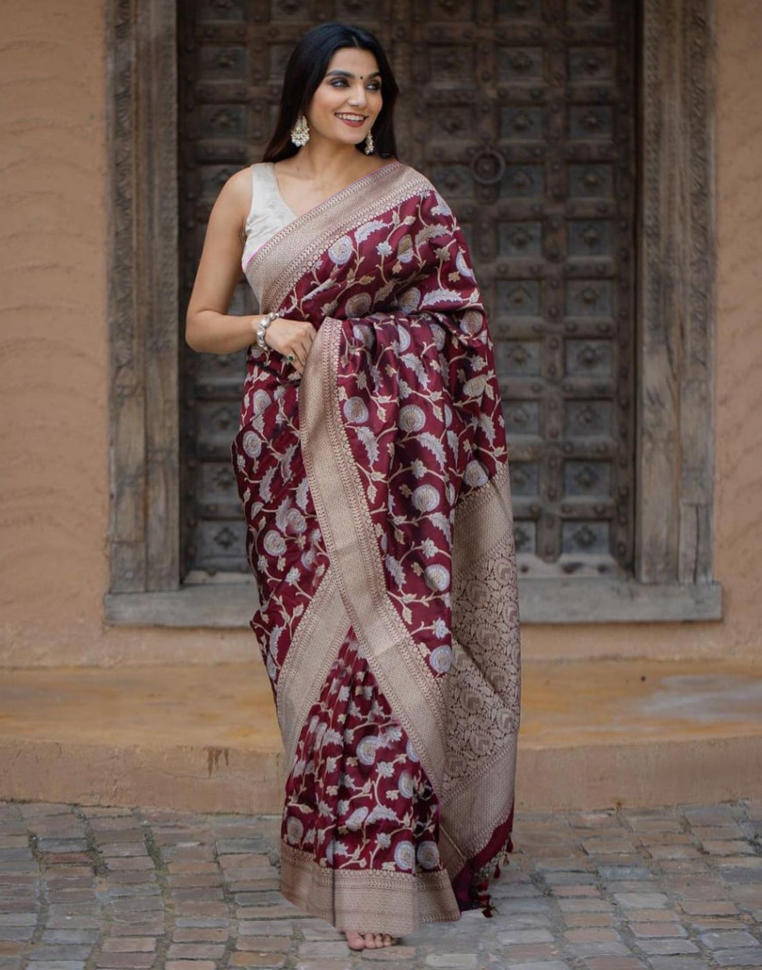 Maroon Floral Banarasi Silk Saree