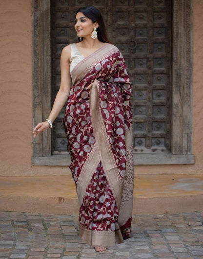 Maroon Floral Banarasi Silk Saree