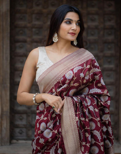 Maroon Floral Banarasi Silk Saree