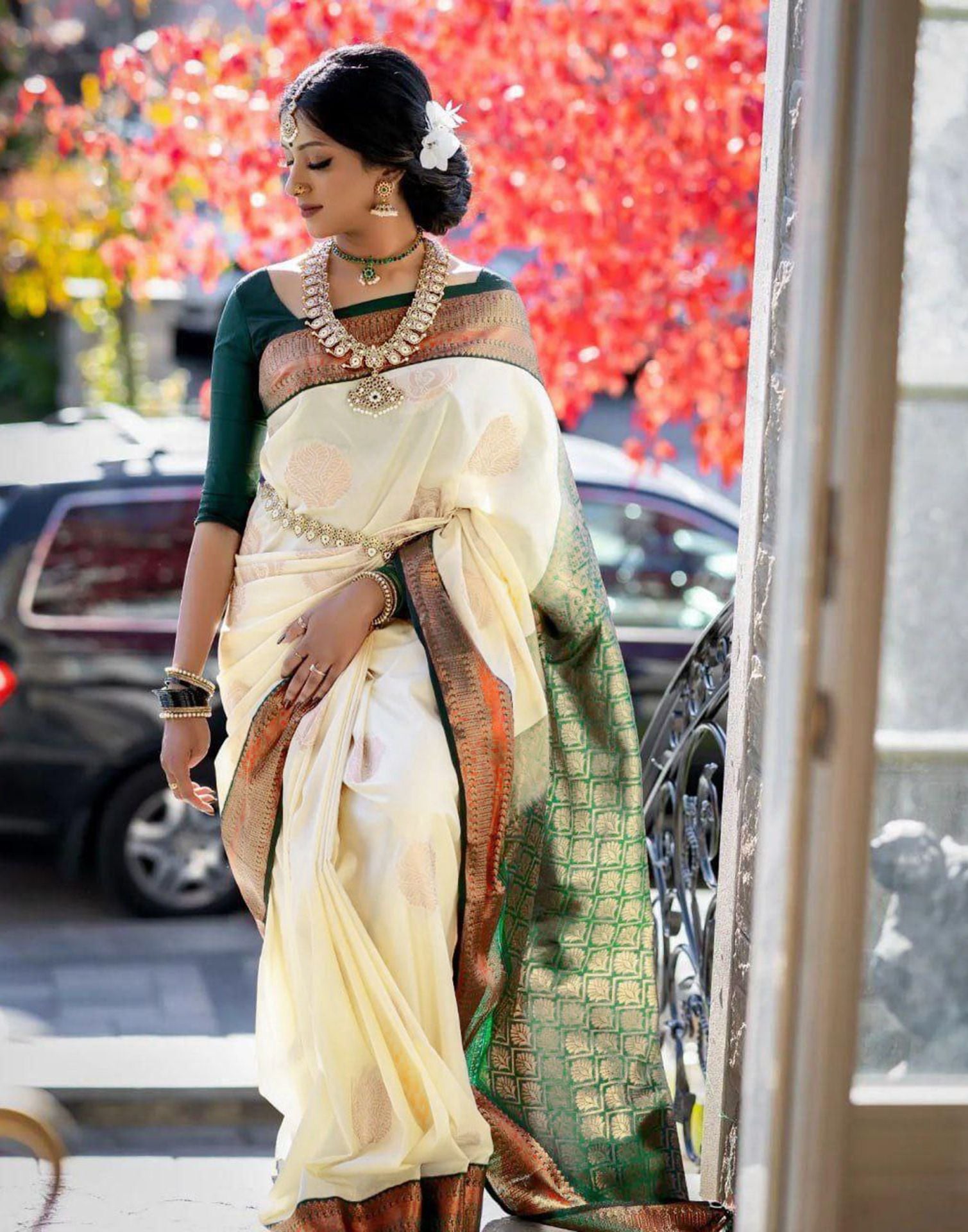 Off White Jacquard Silk Saree