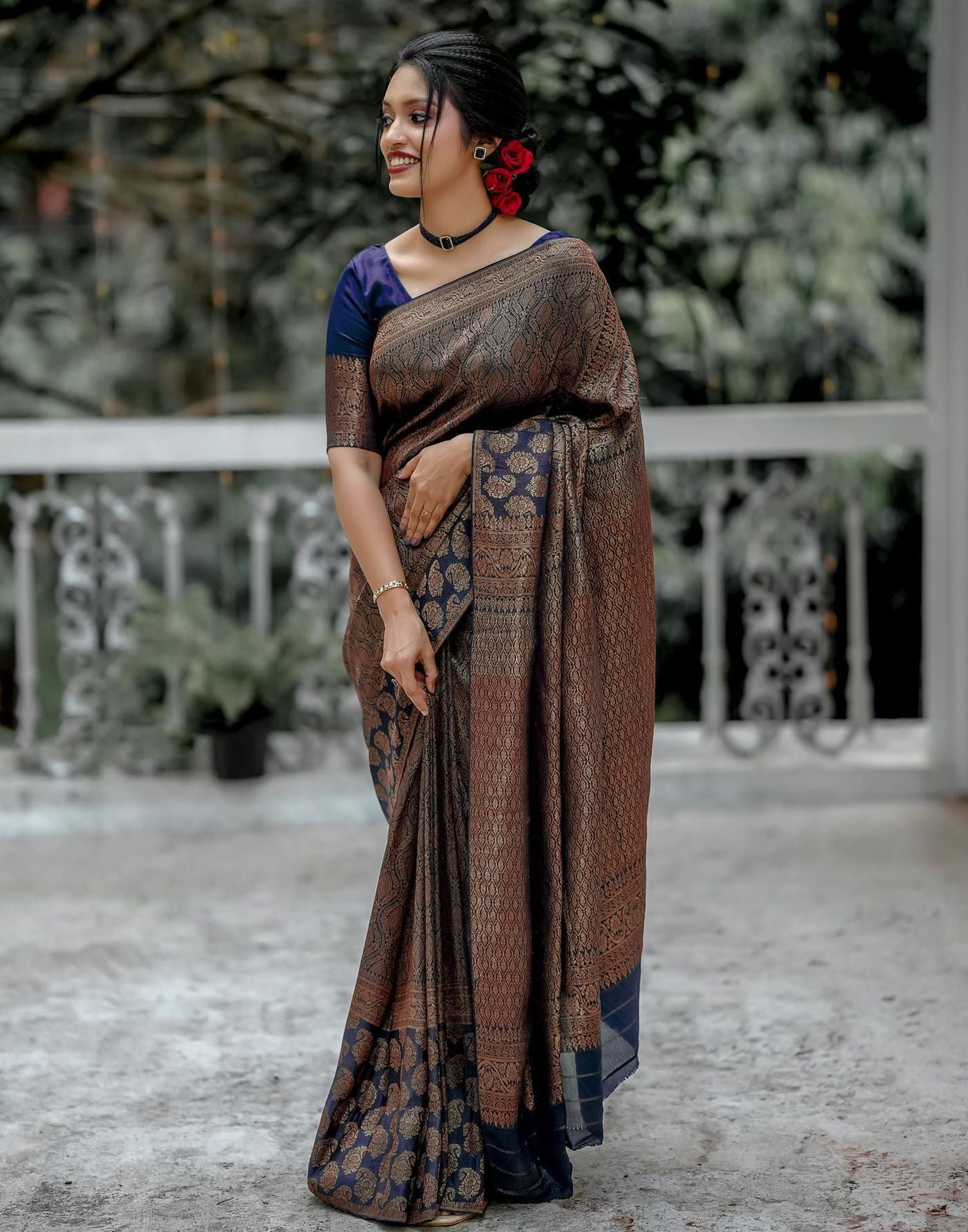 Navy Blue Jacquard Silk Saree – Sudathi