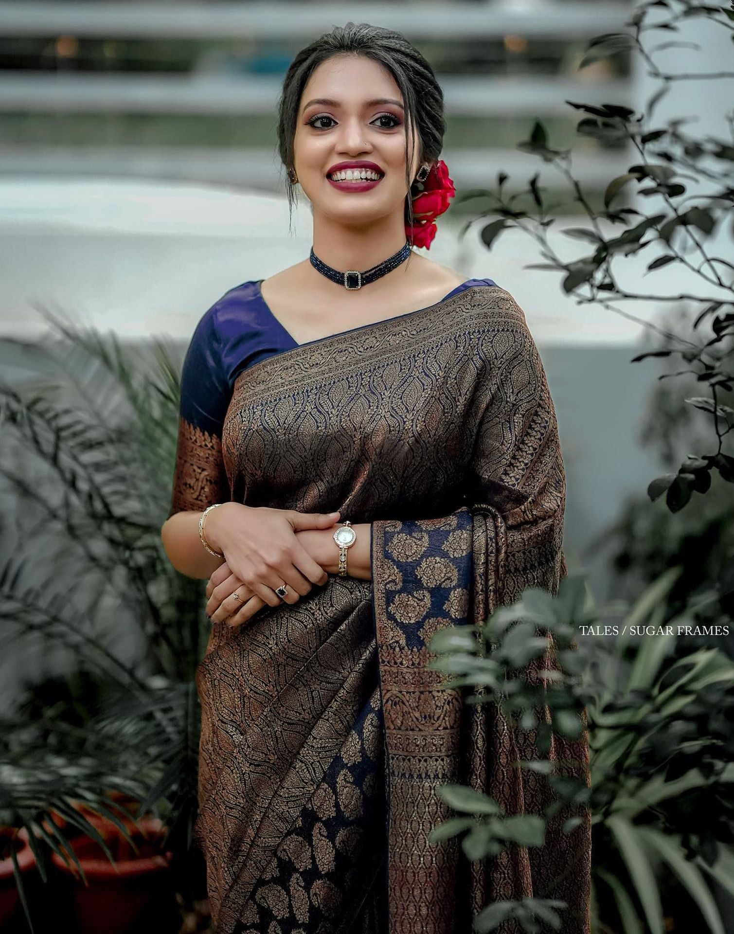 Navy Blue Jacquard Silk Saree