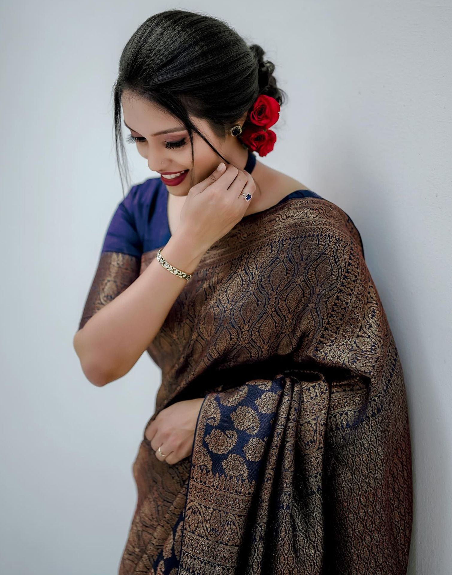 Navy Blue Jacquard Silk Saree