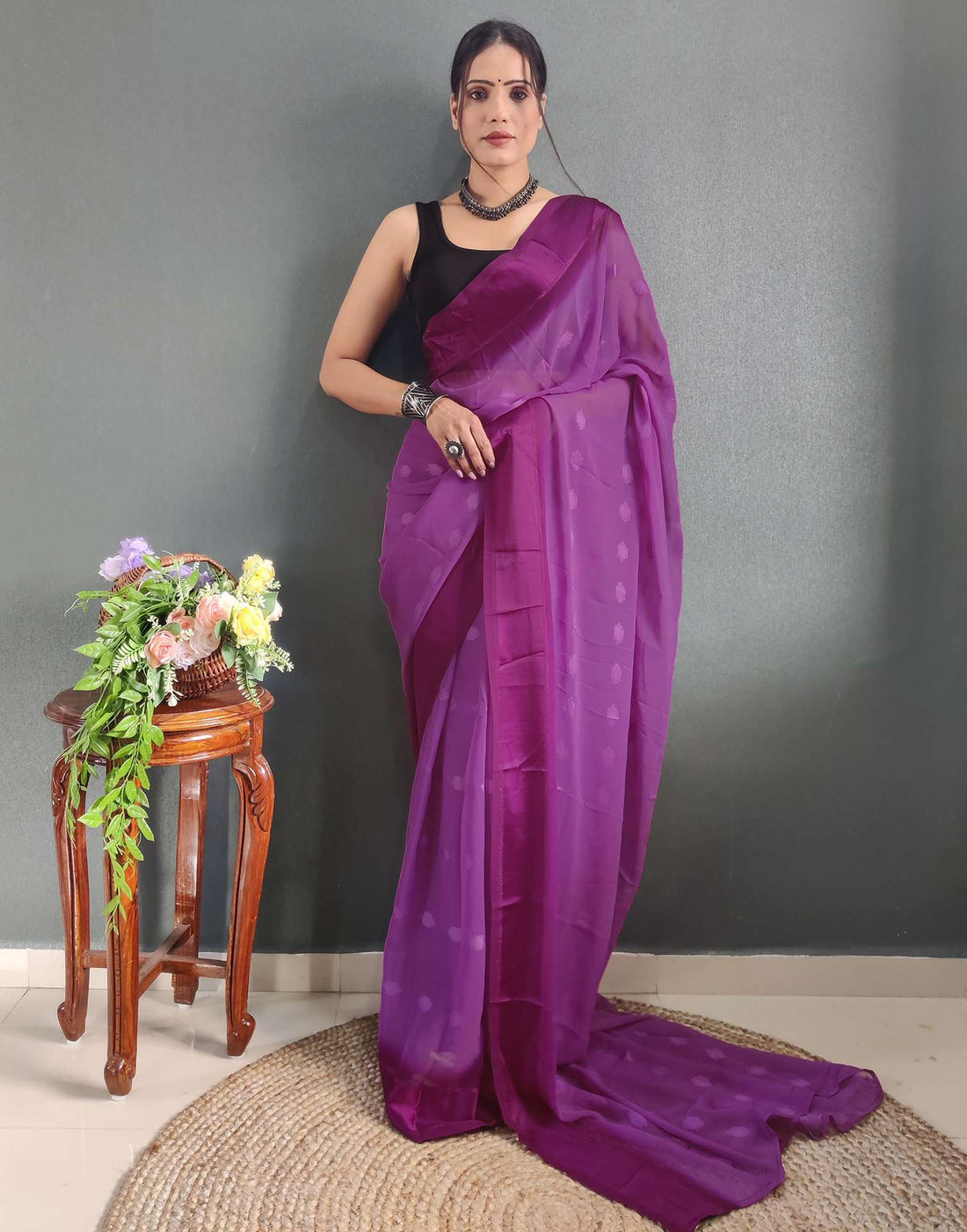 Ready to Wear Magenta Woven Georgette Saree