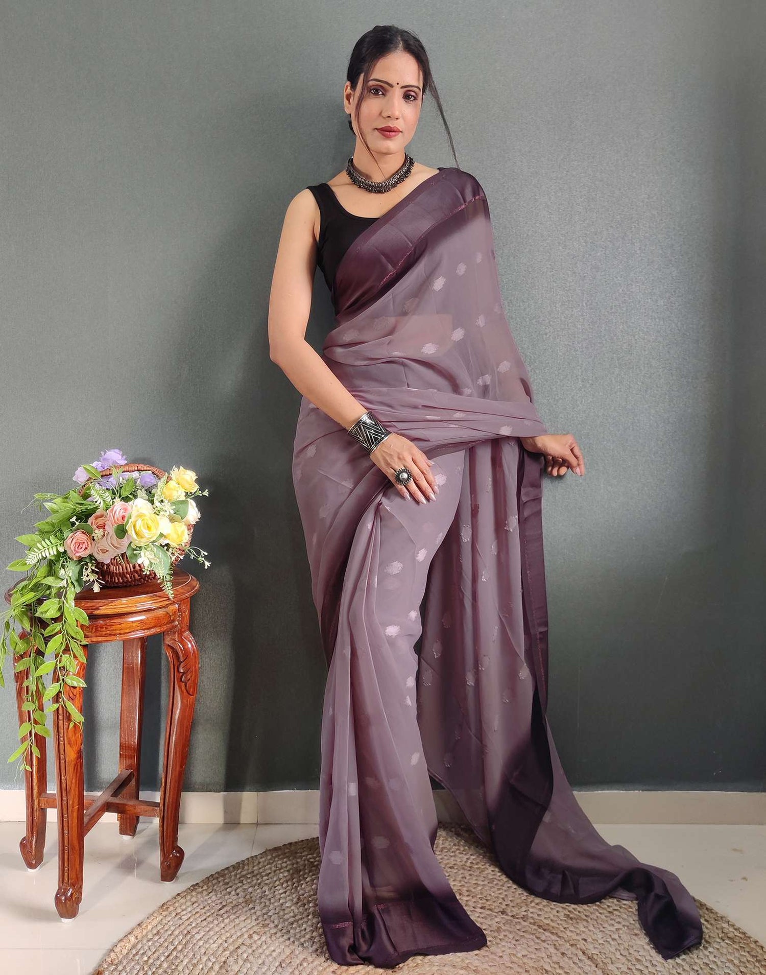 Ready to Wear Light Brown Woven Georgette Saree