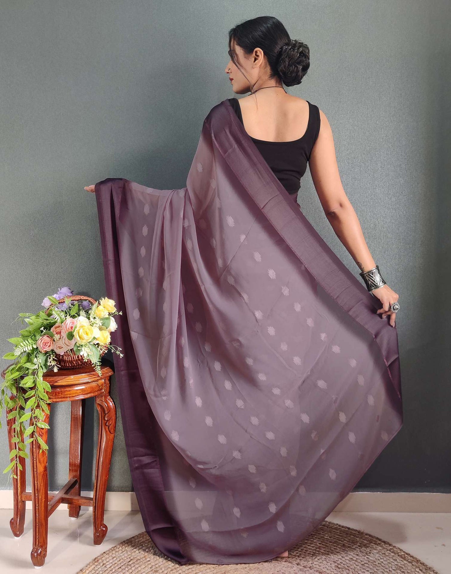 Ready to Wear Light Brown Woven Georgette Saree