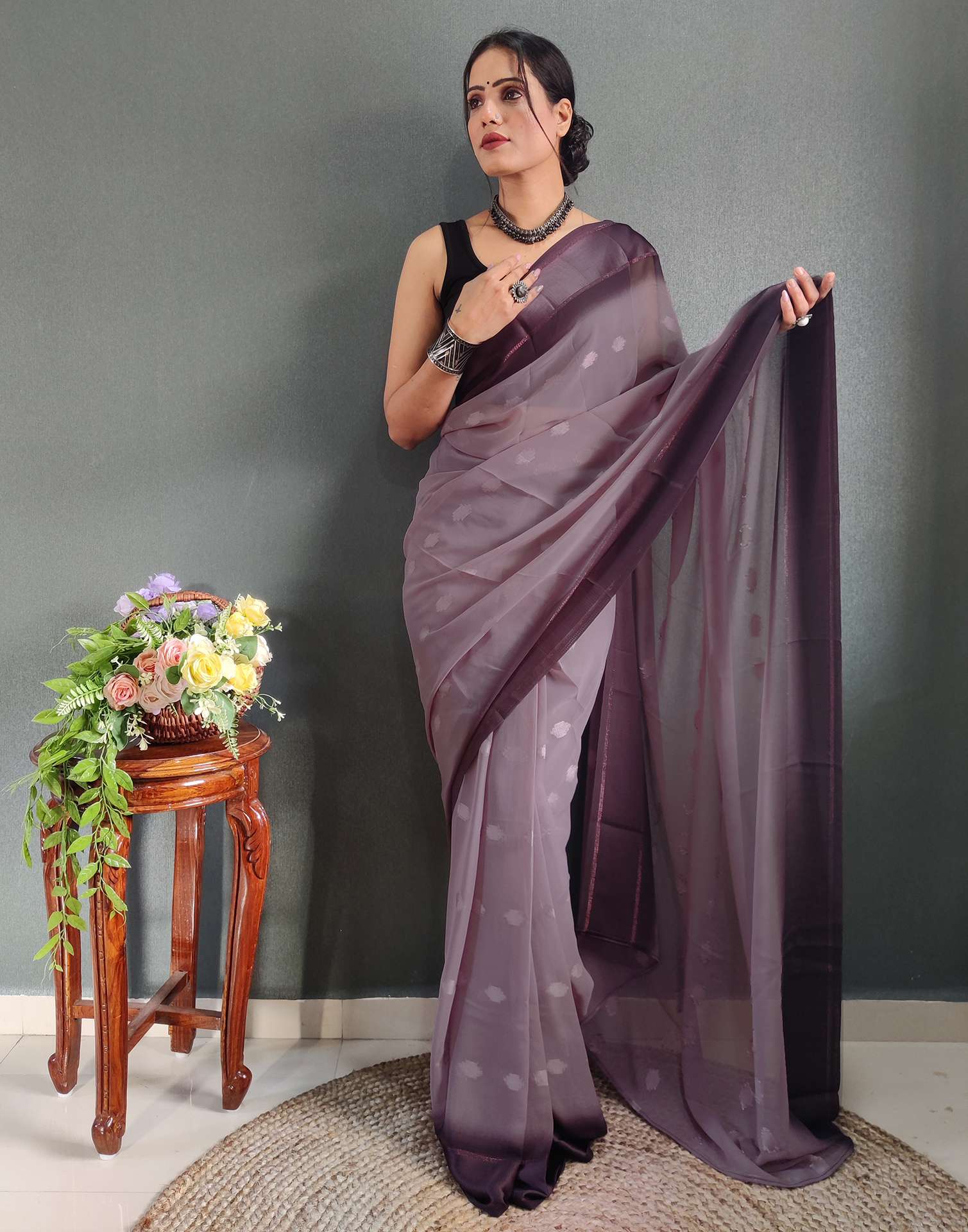 Ready to Wear Light Brown Woven Georgette Saree