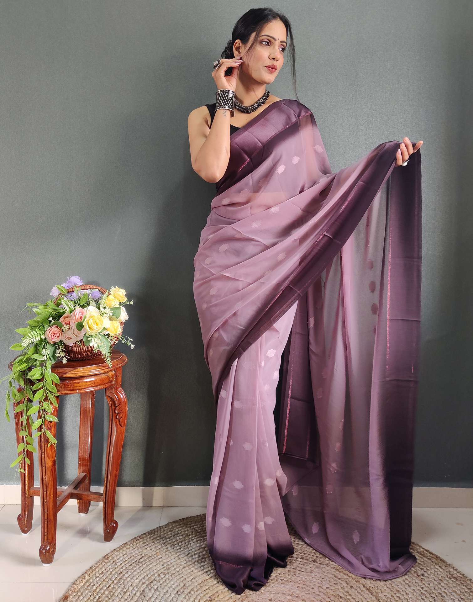 Ready to Wear Light Brown Woven Georgette Saree