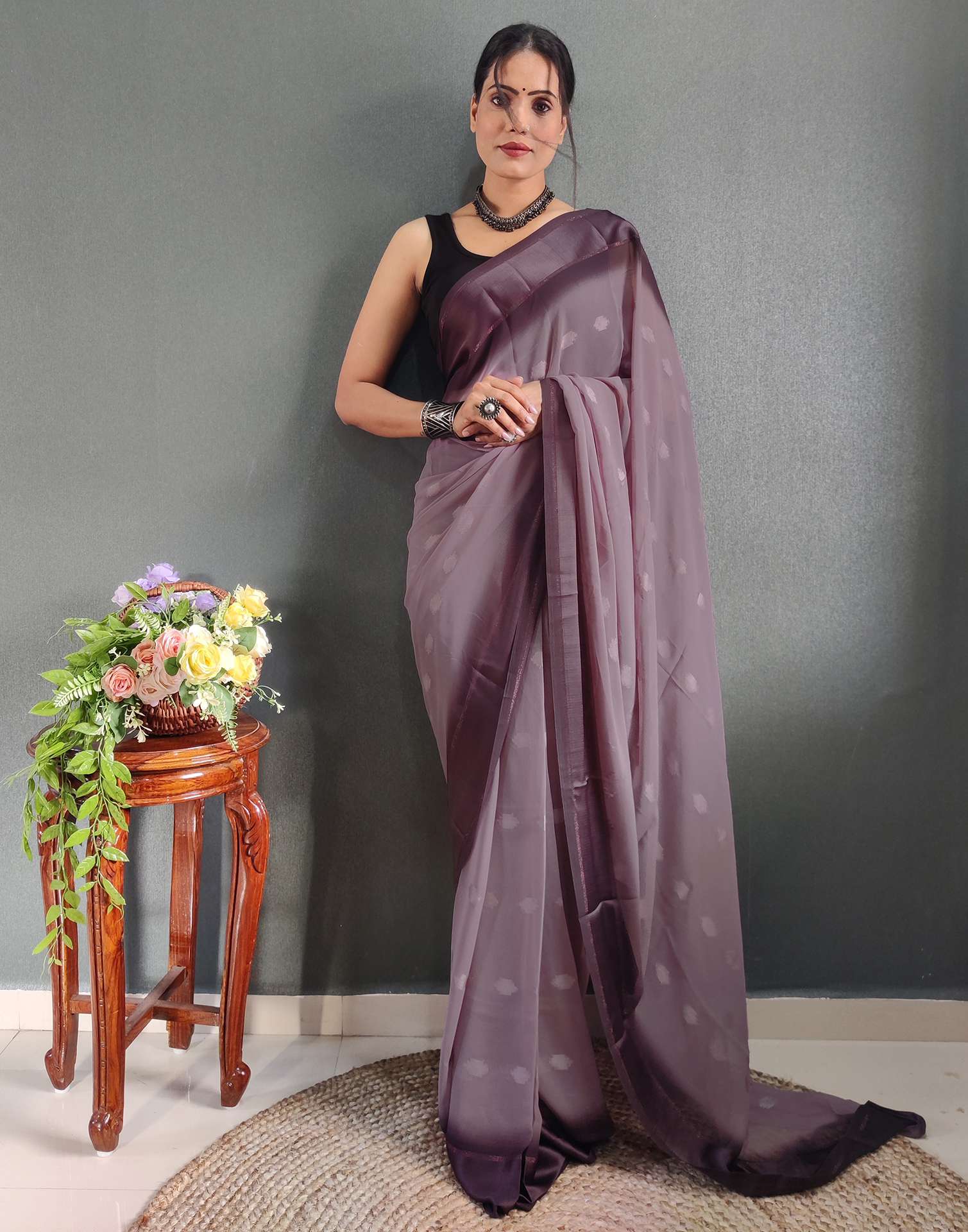 Ready to Wear Light Brown Woven Georgette Saree