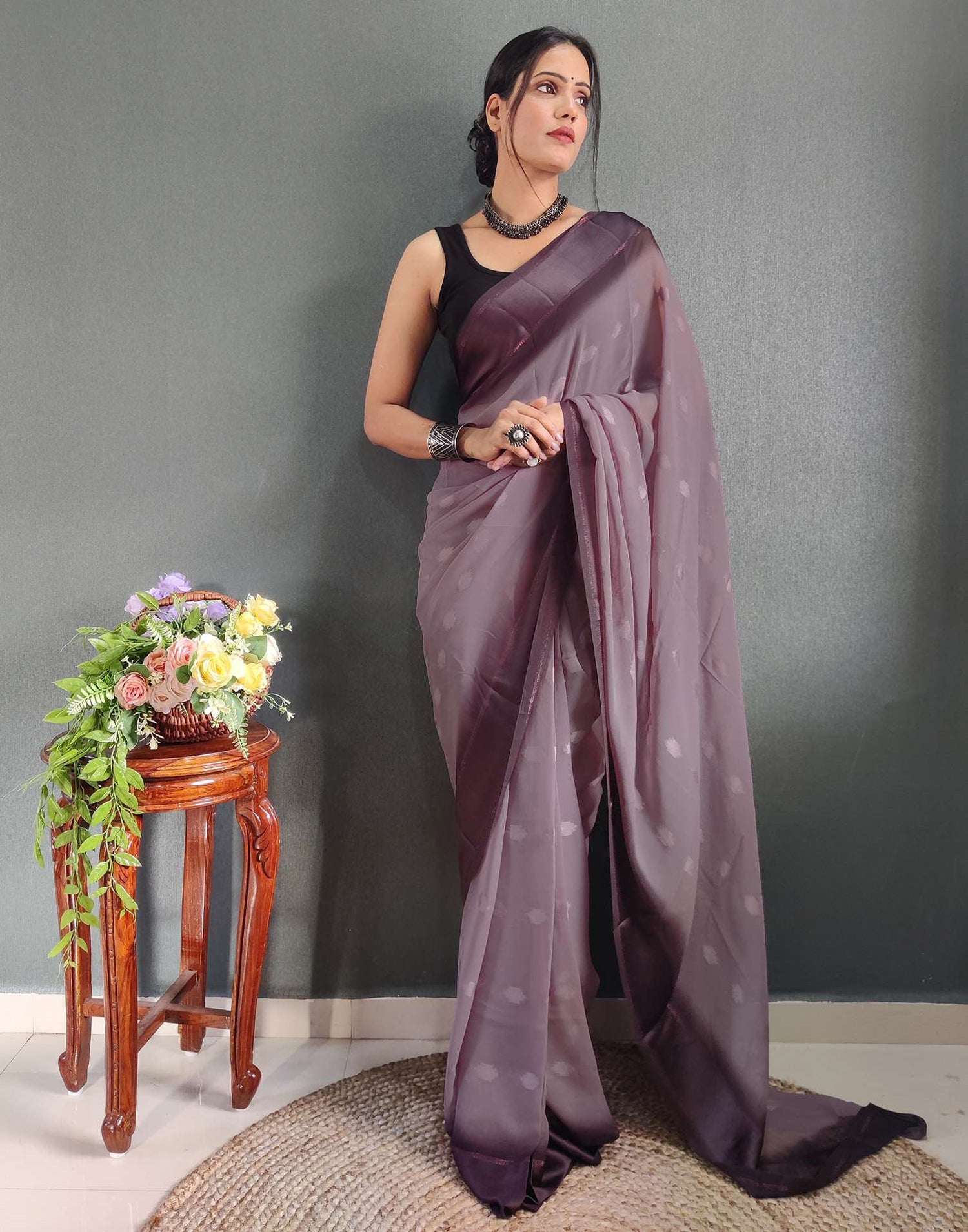 Ready to Wear Light Brown Woven Georgette Saree