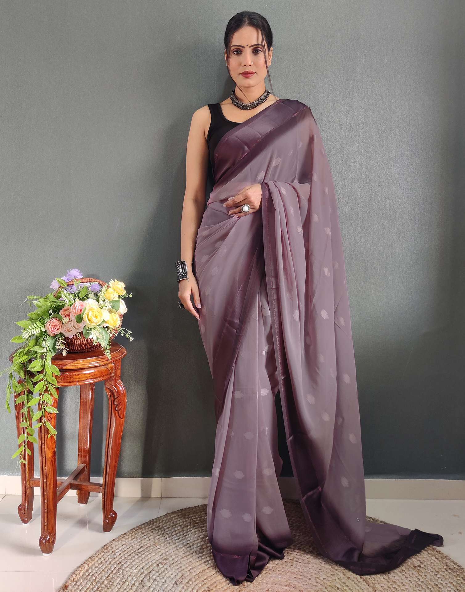 Ready to Wear Light Brown Woven Georgette Saree