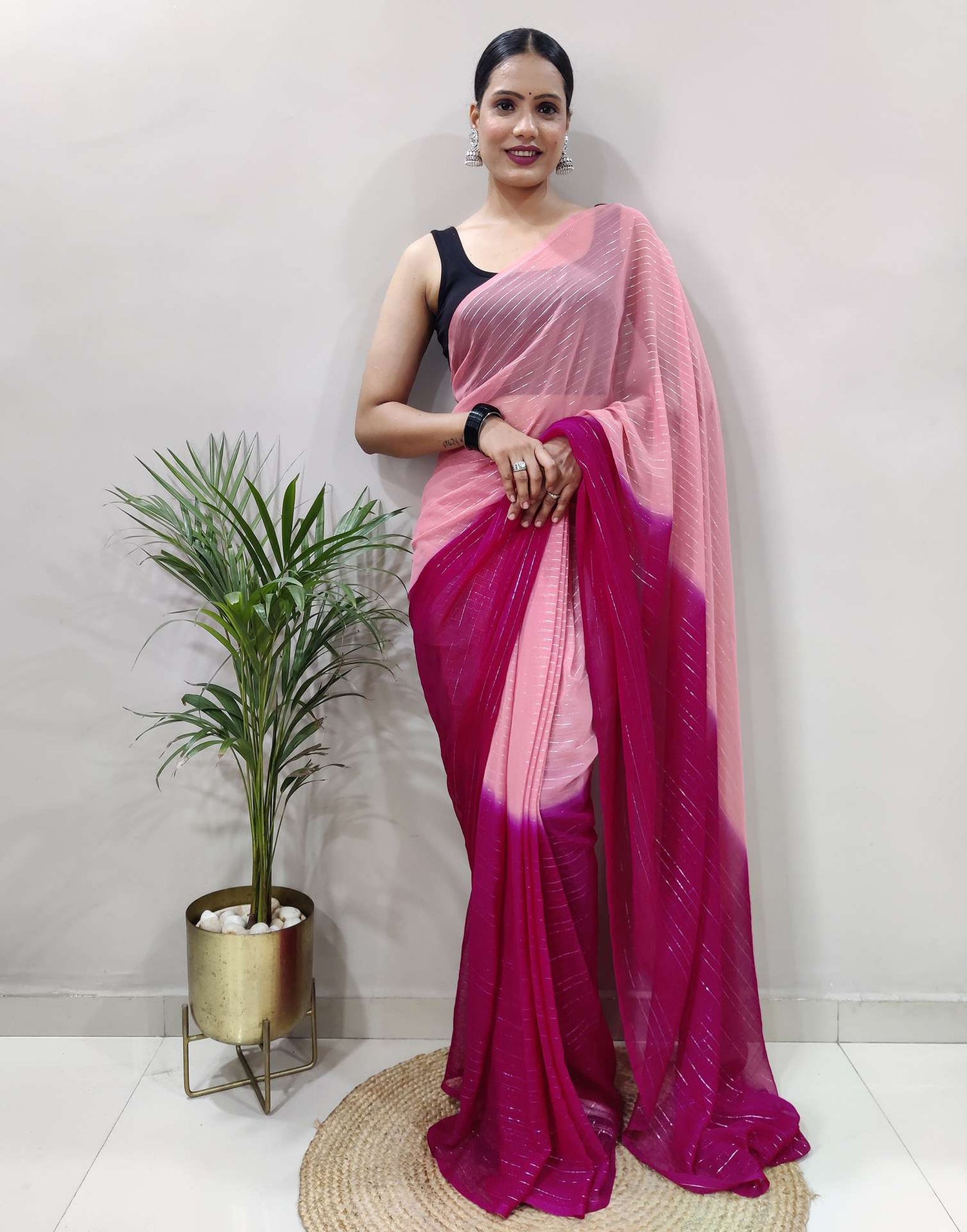 Ready to Wear Pink Woven Georgette Saree