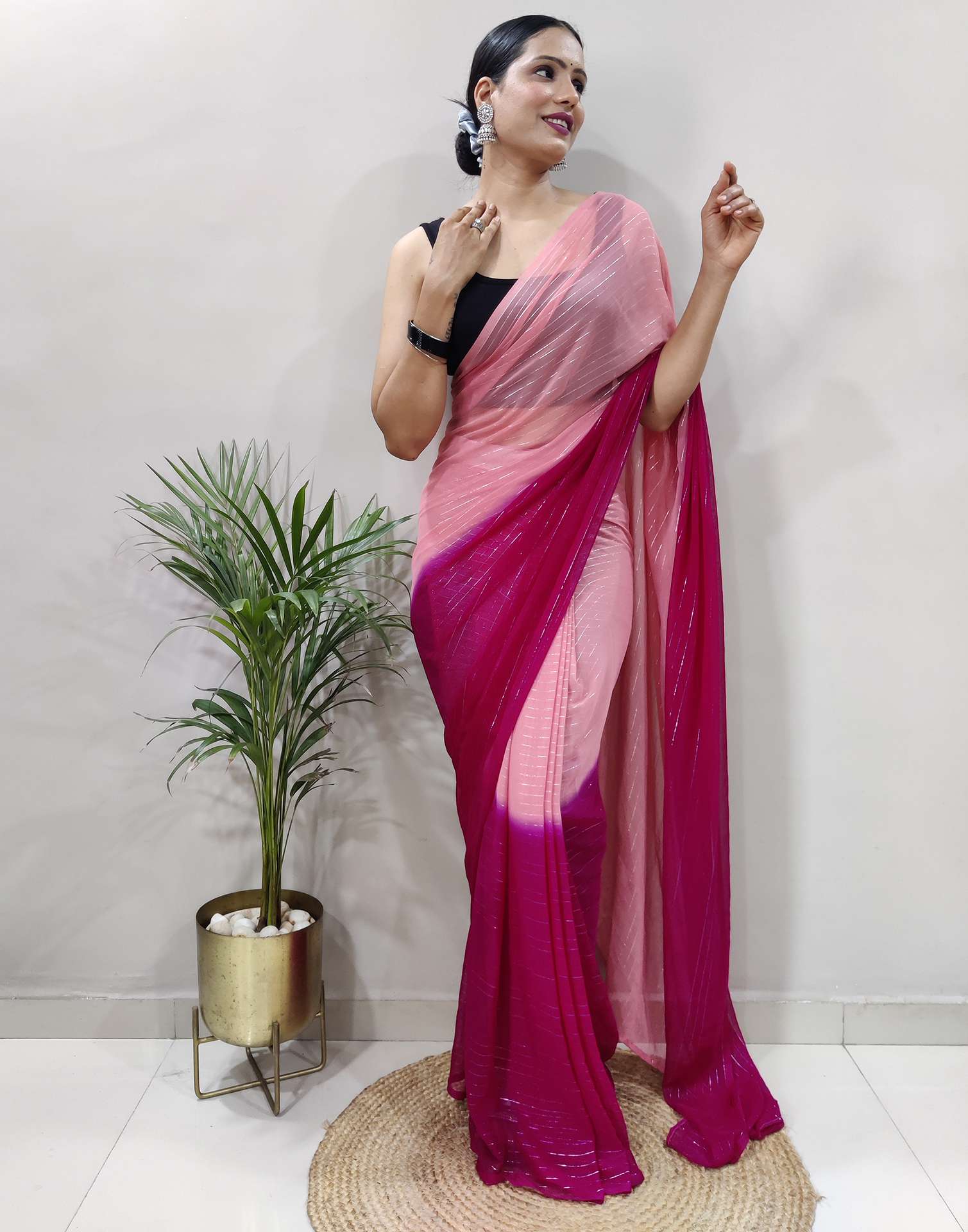 Ready to Wear Pink Woven Georgette Saree