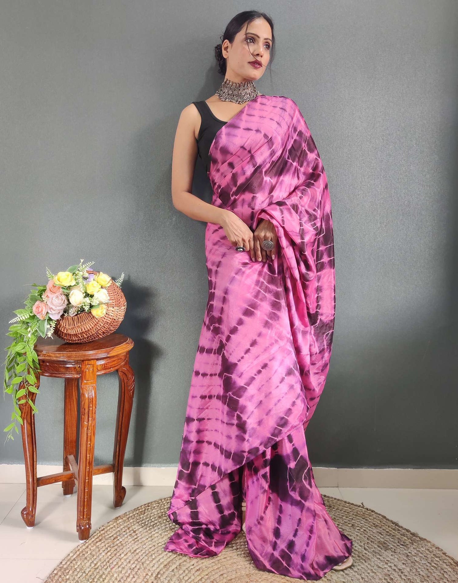 Ready to Wear Pink Printed Silk Saree