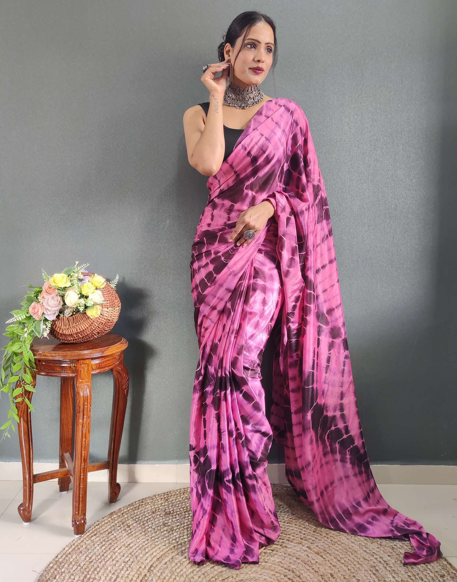 Ready to Wear Pink Printed Silk Saree