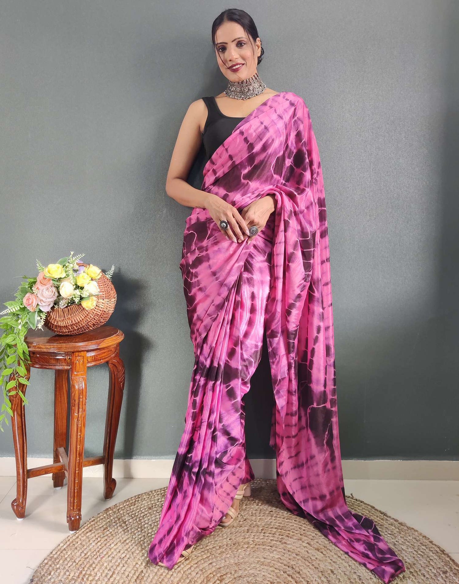 Ready to Wear Pink Printed Silk Saree