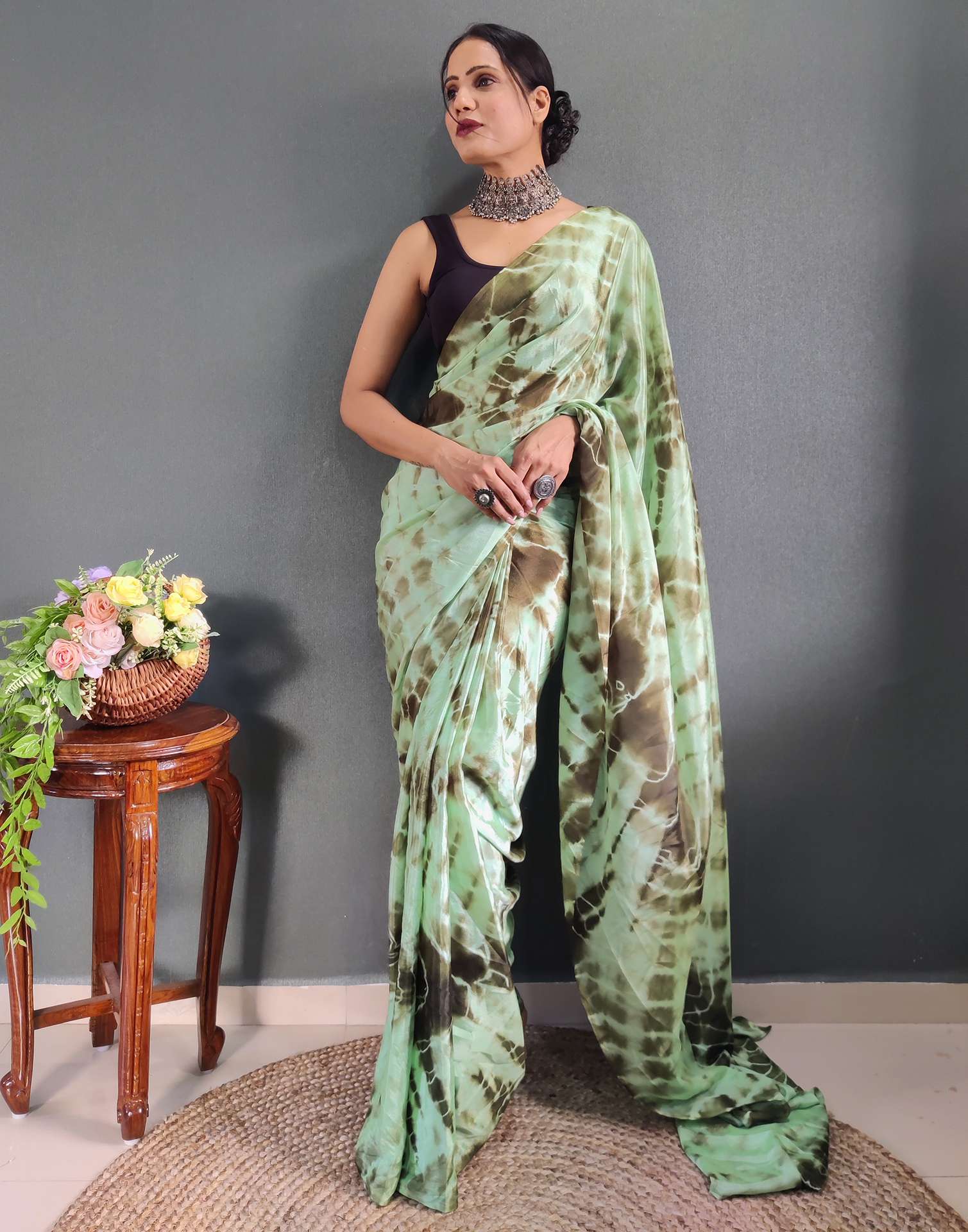 Ready to Wear Sea Green Printed Silk Saree