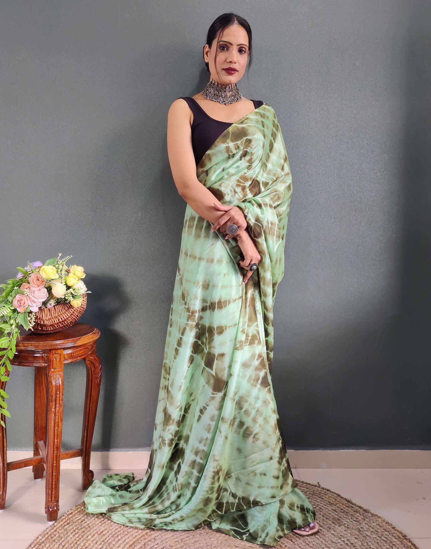 Ready to Wear Sea Green Printed Silk Saree