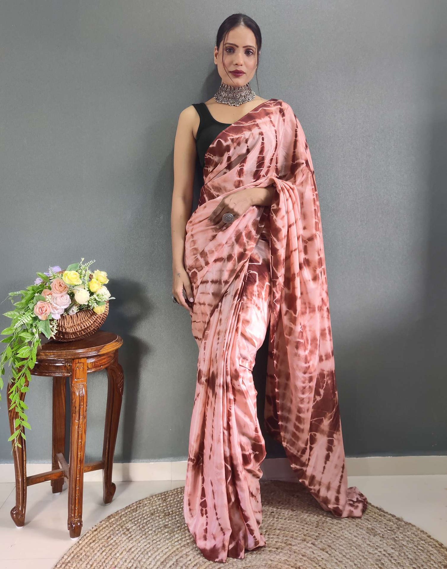 Ready to Wear Dull Peach Printed Silk Saree