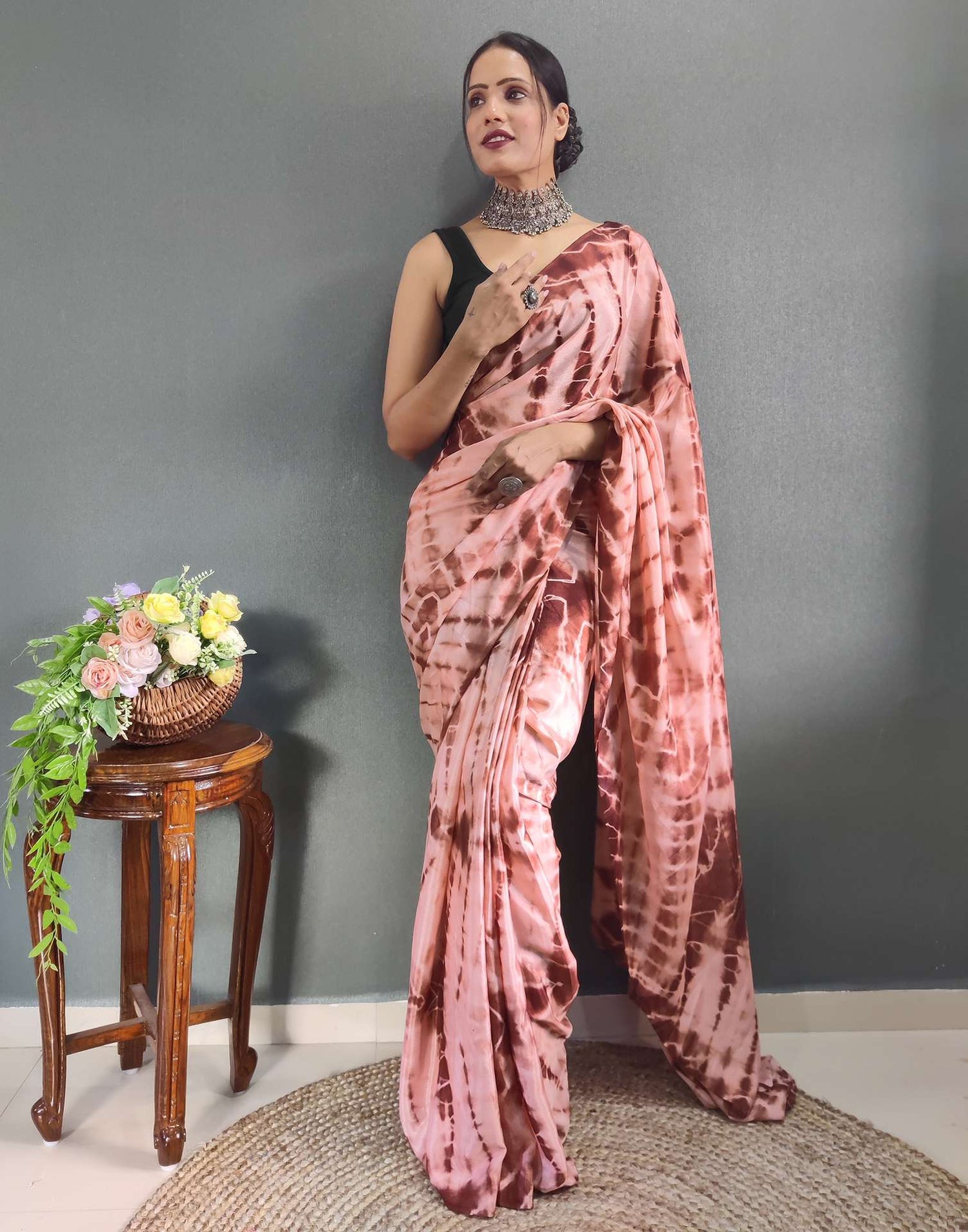 Ready to Wear Dull Peach Printed Silk Saree