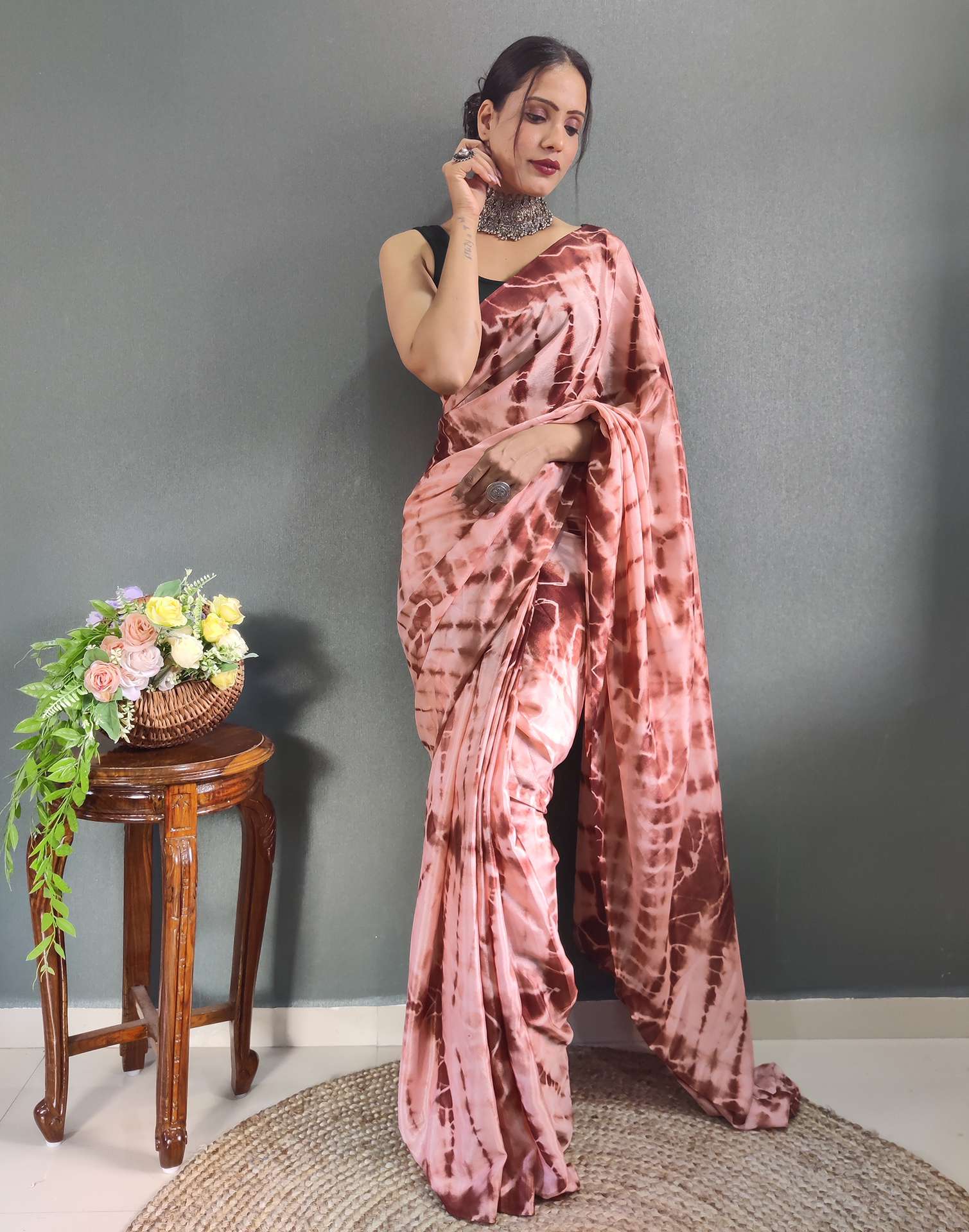 Ready to Wear Dull Peach Printed Silk Saree