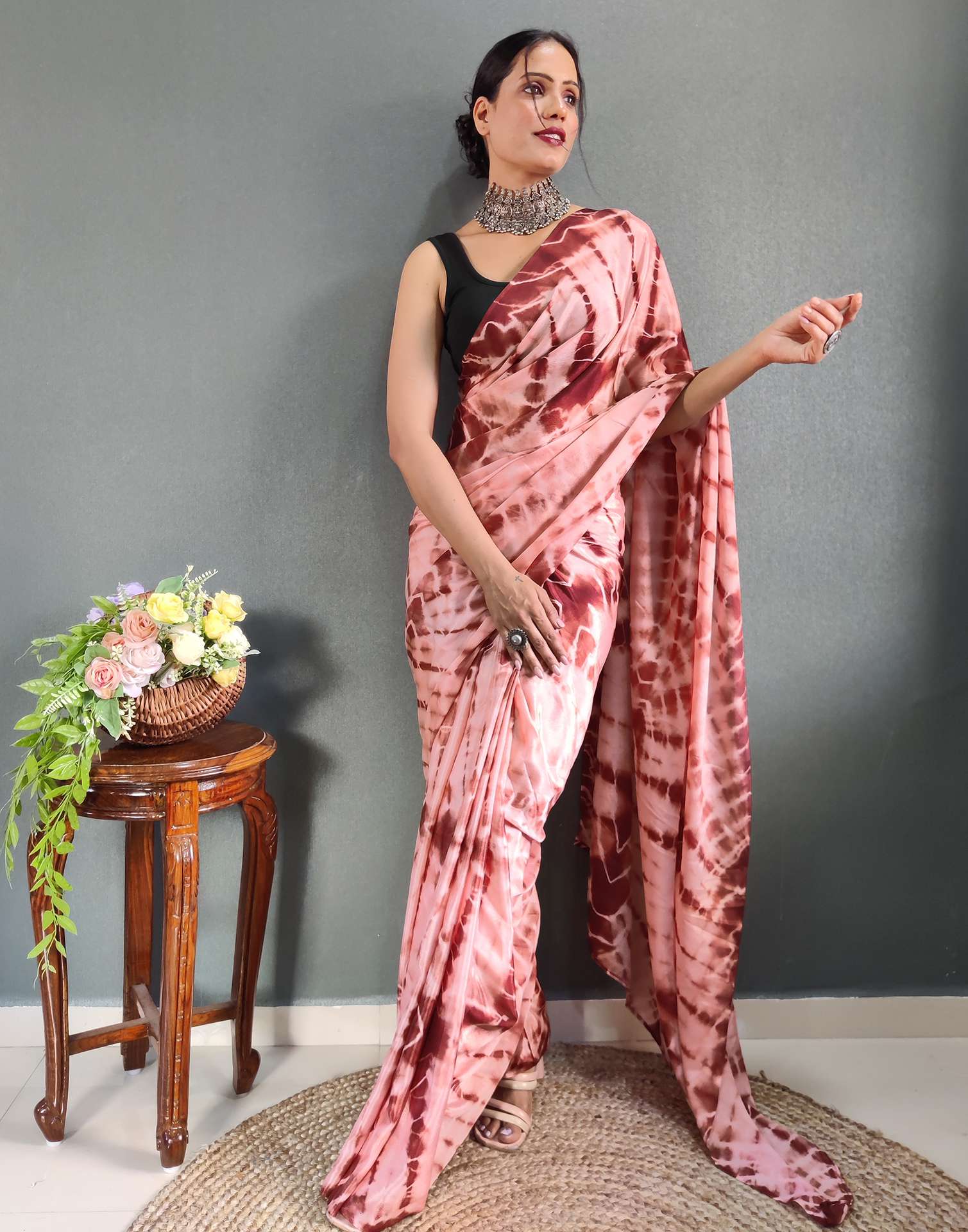 Ready to Wear Dull Peach Printed Silk Saree