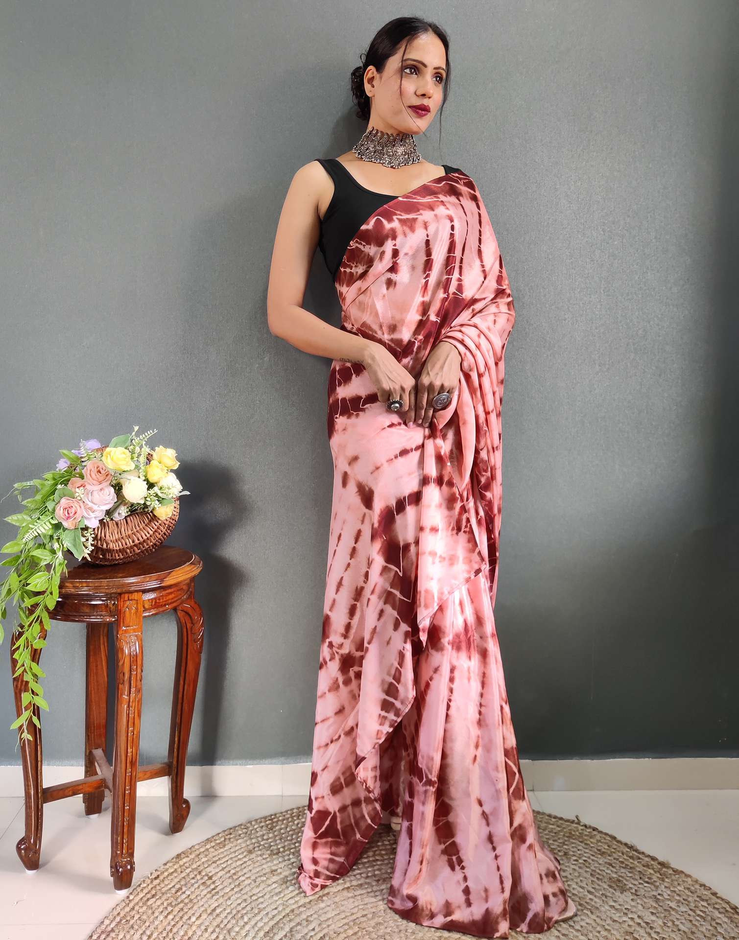 Ready to Wear Dull Peach Printed Silk Saree