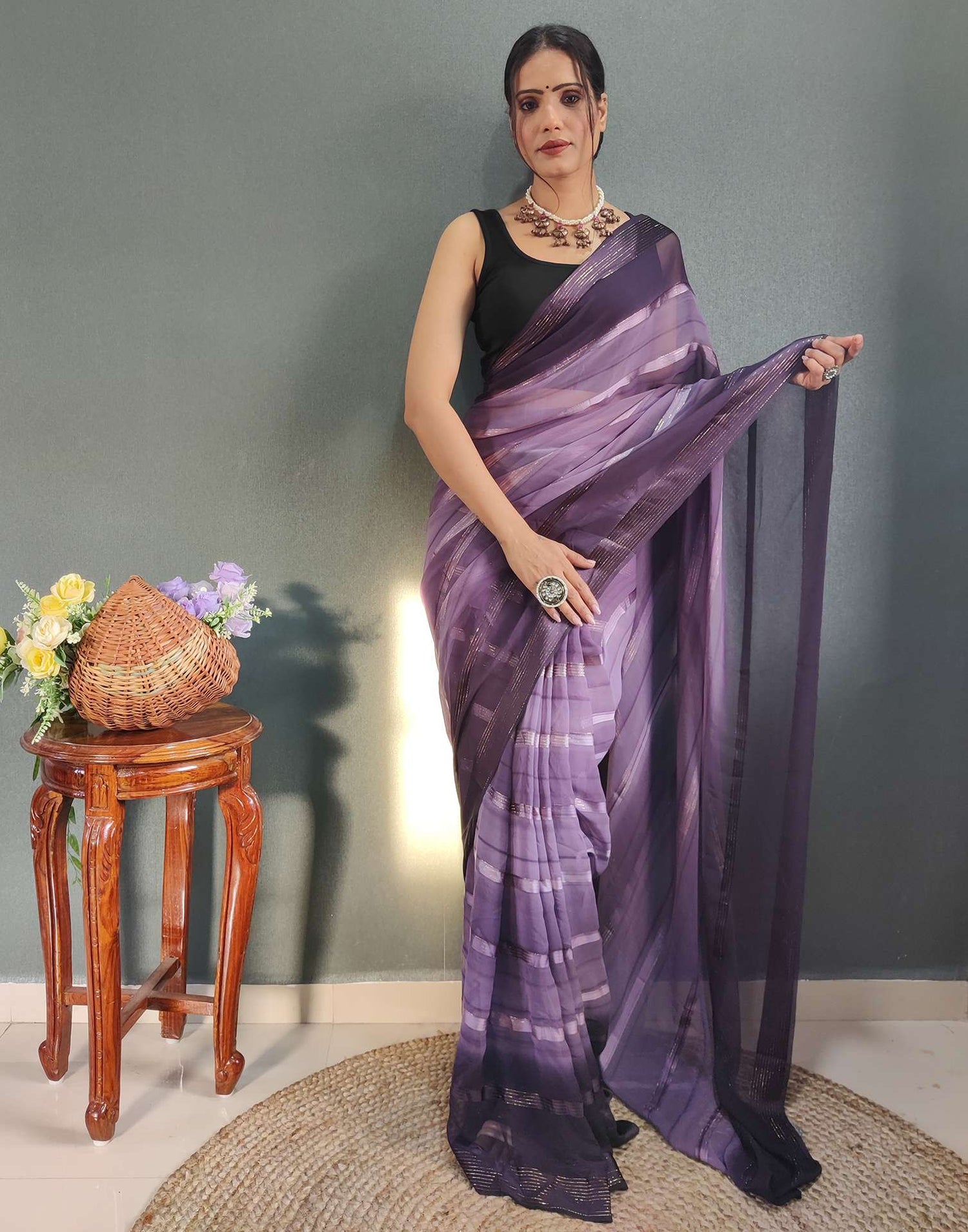 Ready to Wear Dusty Lavender &amp; Wien Weaving Georgette Saree