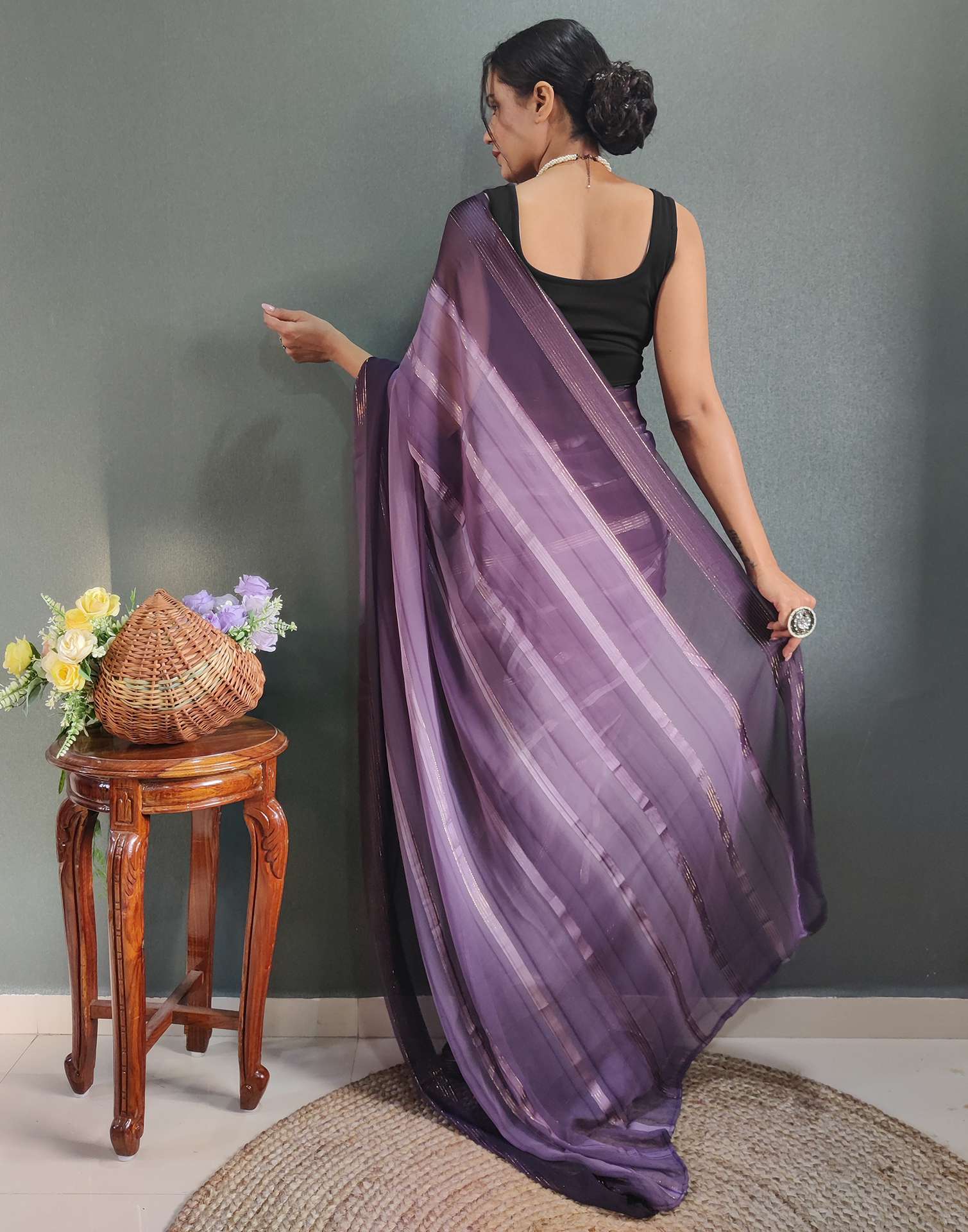 Ready to Wear Dusty Lavender &amp; Wien Weaving Georgette Saree