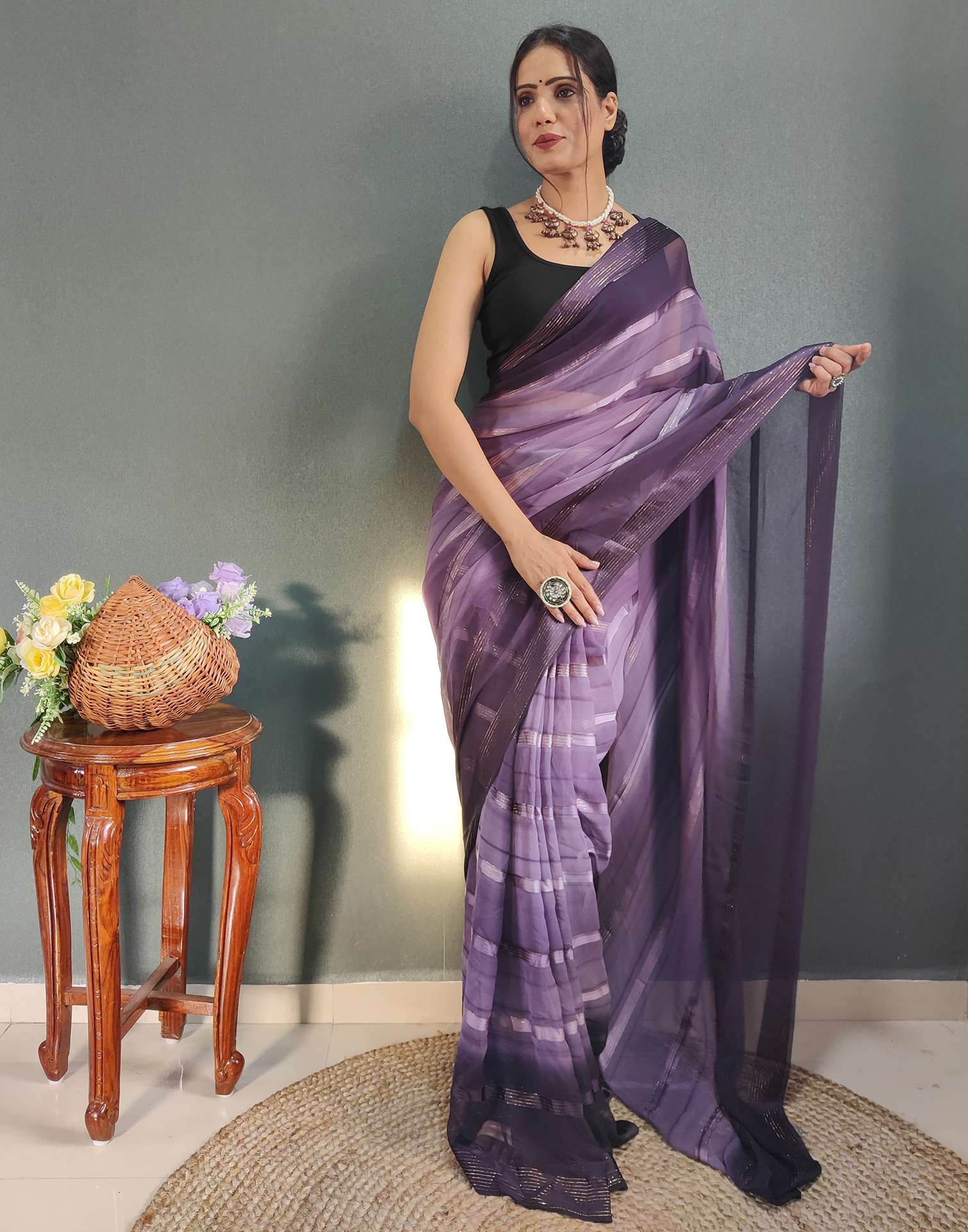 Ready to Wear Dusty Lavender &amp; Wien Weaving Georgette Saree