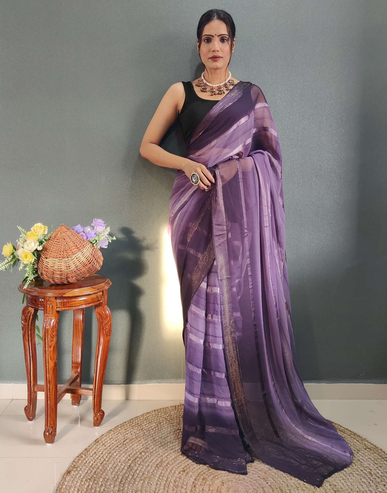 Ready to Wear Dusty Lavender &amp; Wien Weaving Georgette Saree