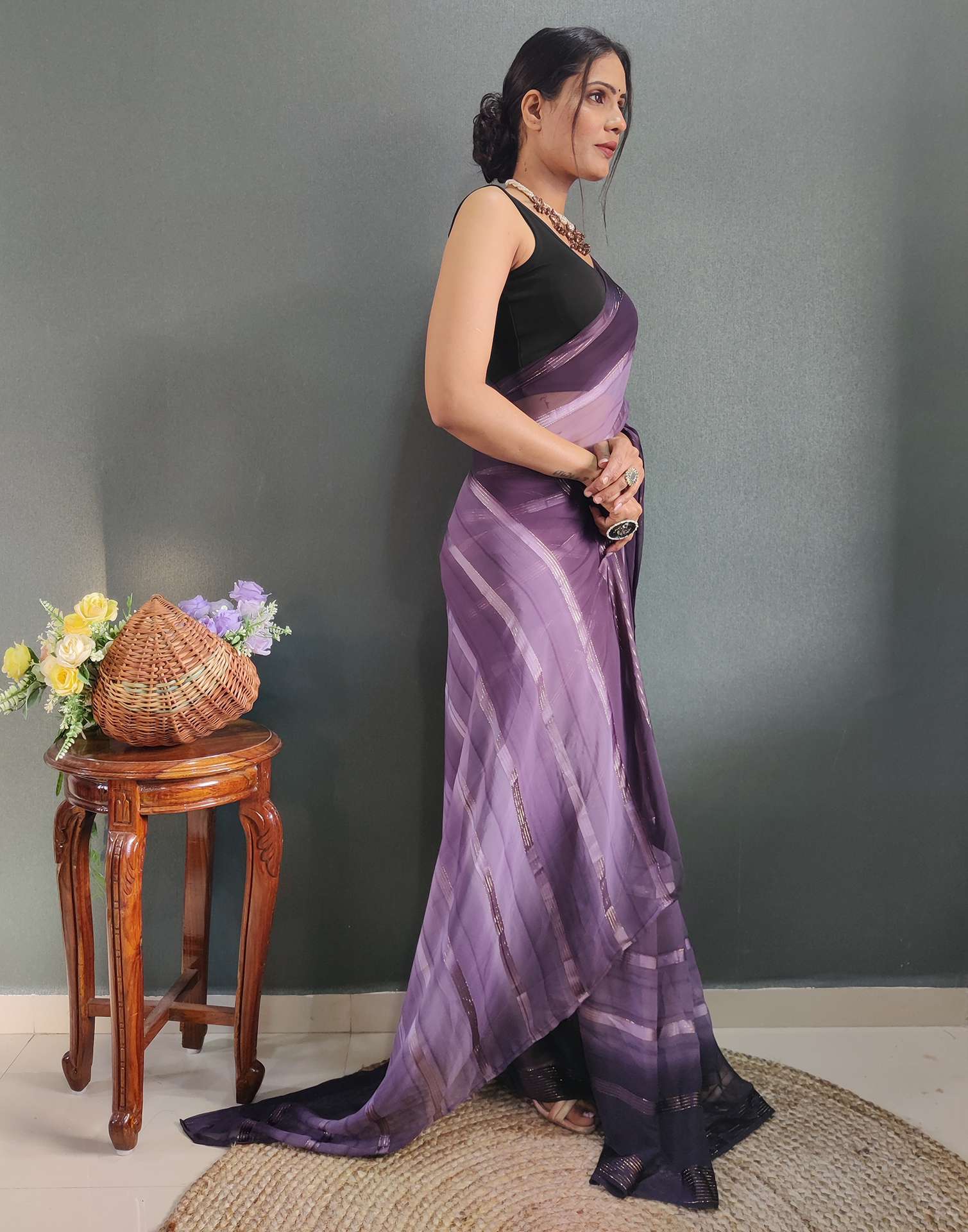 Ready to Wear Dusty Lavender &amp; Wien Weaving Georgette Saree