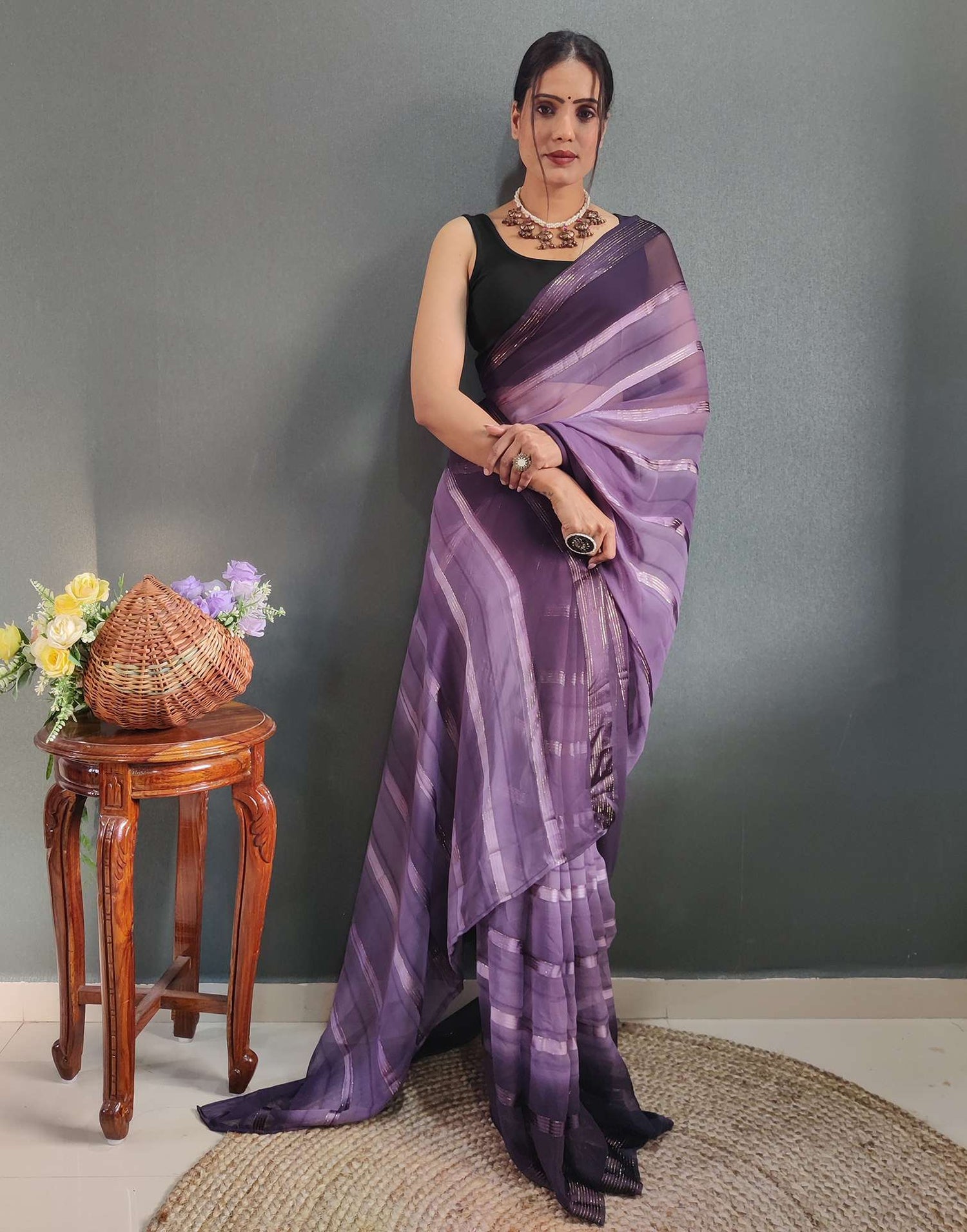 Ready to Wear Dusty Lavender &amp; Wien Weaving Georgette Saree