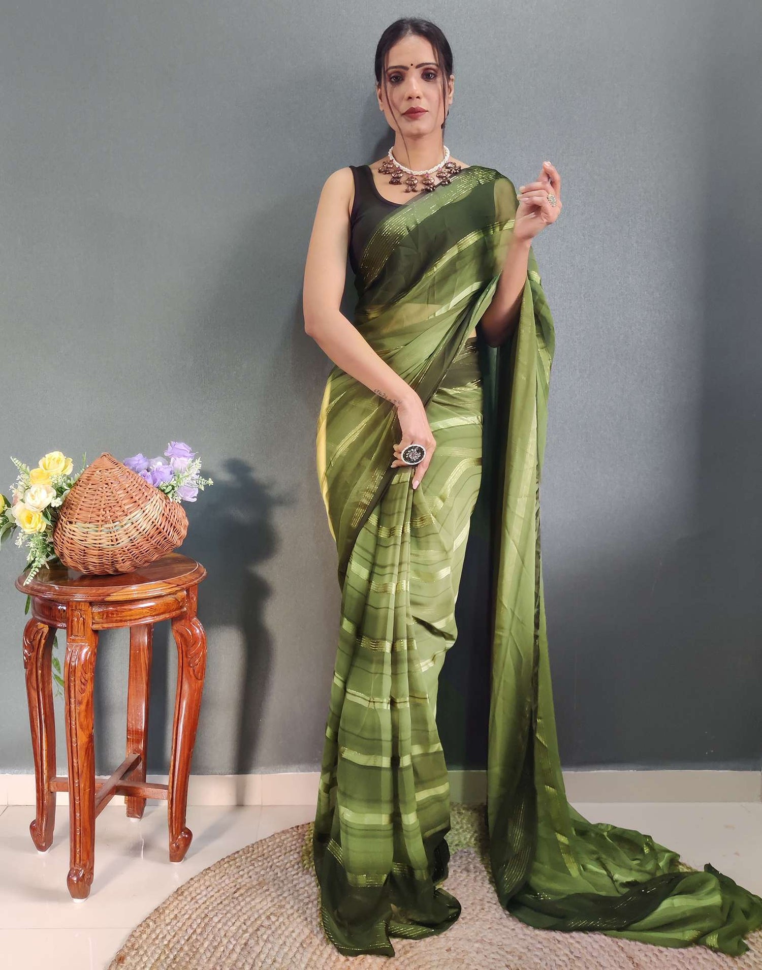 Ready to Wear Mehandi Green Weaving Georgette Saree