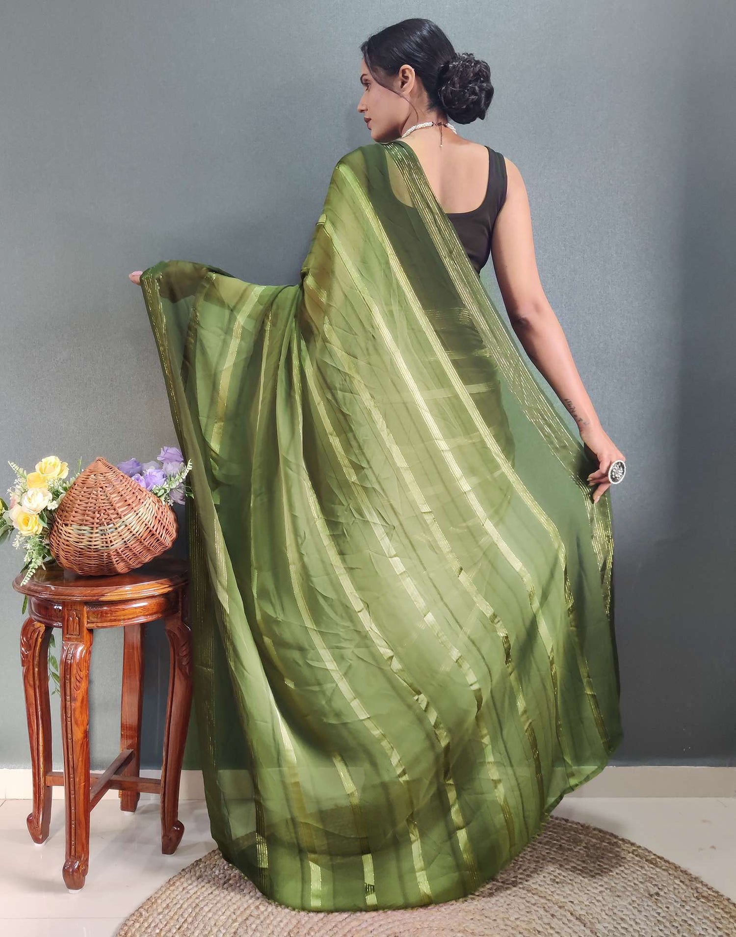 Ready to Wear Mehandi Green Weaving Georgette Saree