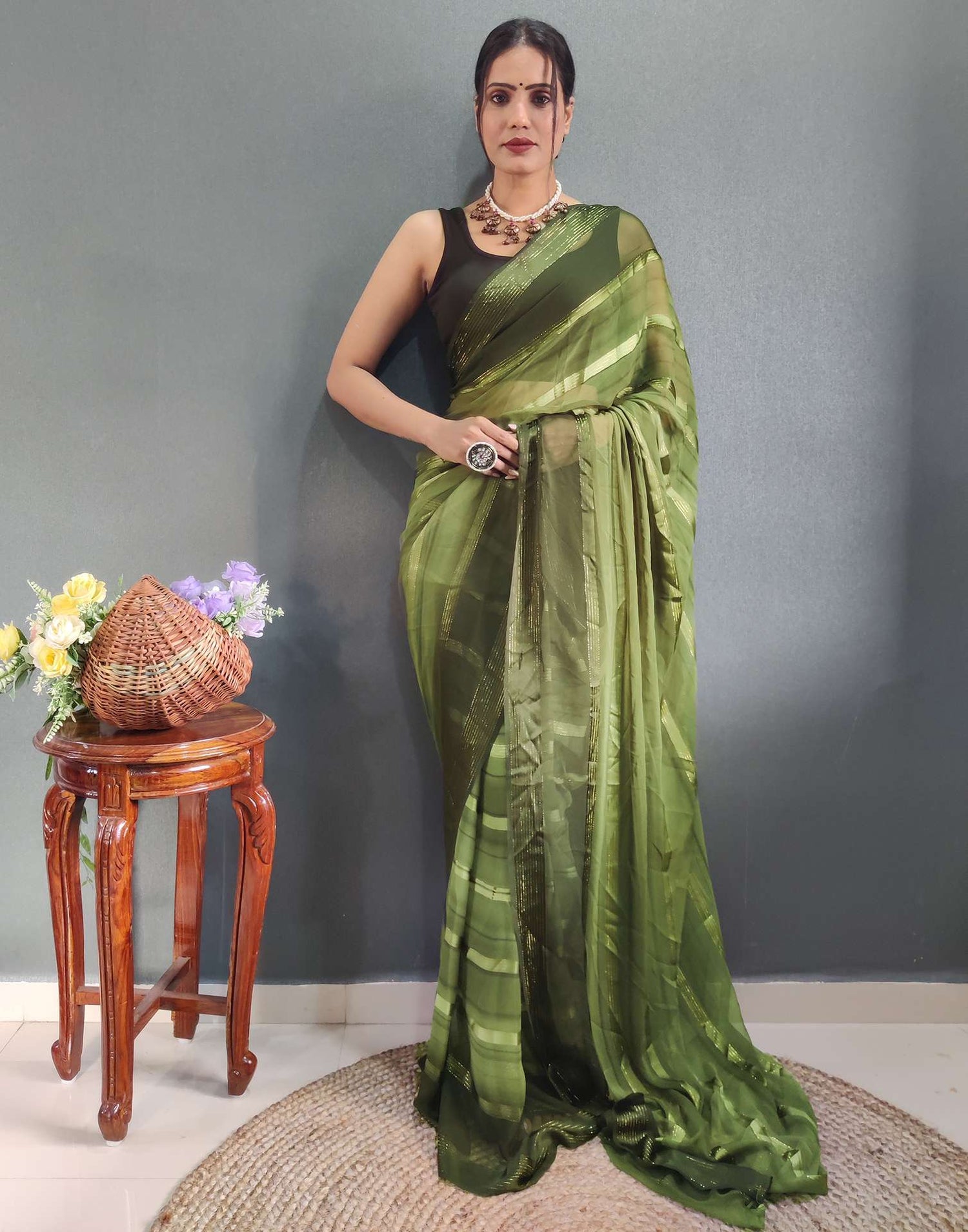 Ready to Wear Mehandi Green Weaving Georgette Saree