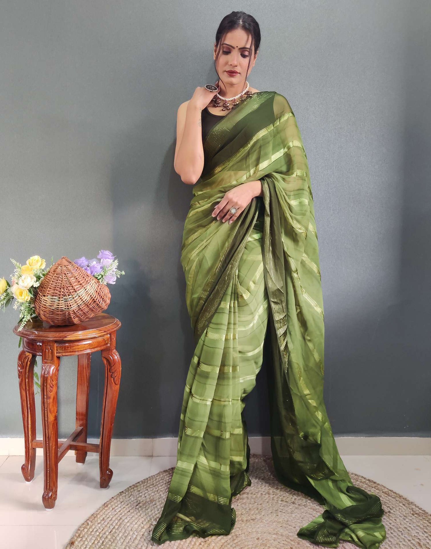 Ready to Wear Mehandi Green Weaving Georgette Saree