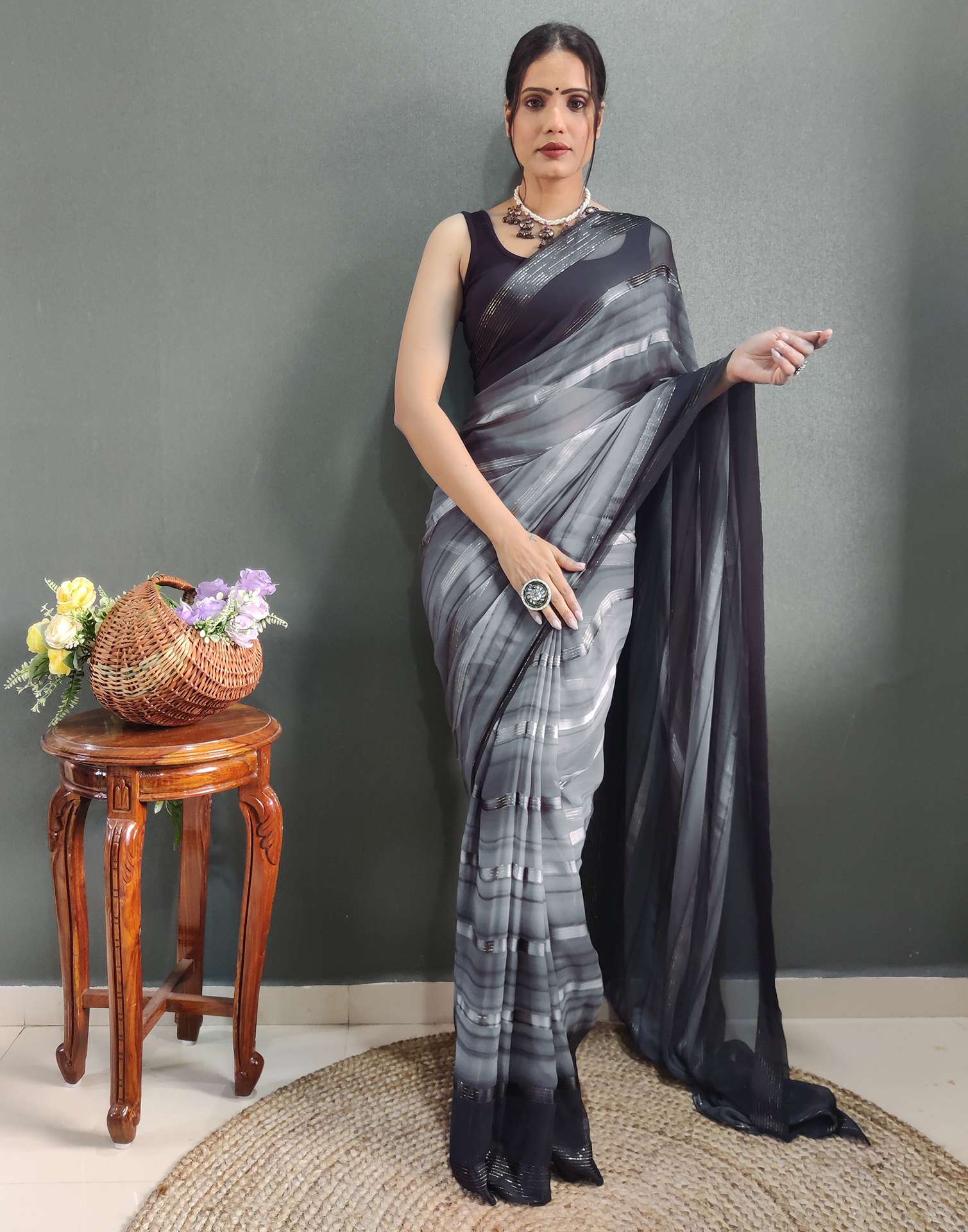 Ready to Wear Grey&amp; black Weaving Georgette Saree