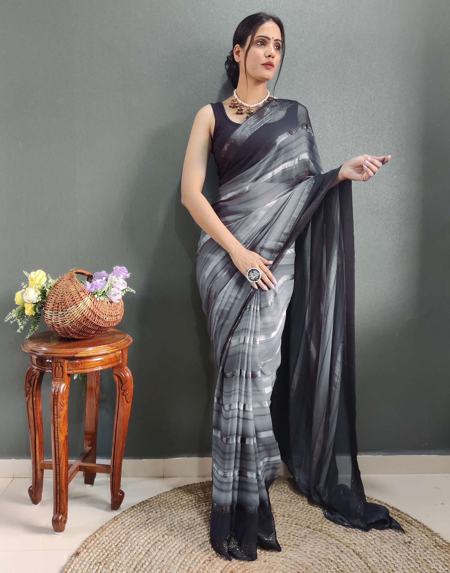 Ready to Wear Grey&amp; black Weaving Georgette Saree