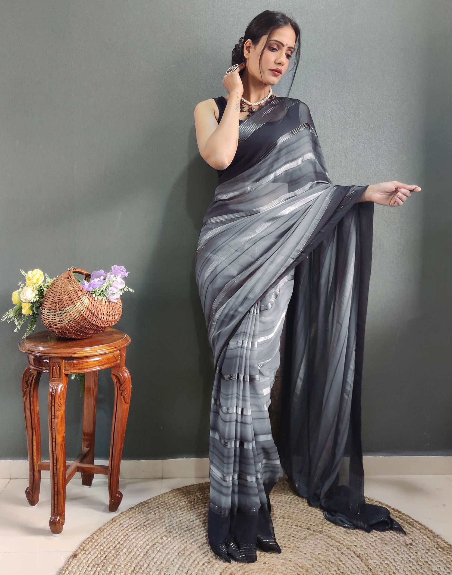 Ready to Wear Grey&amp; black Weaving Georgette Saree