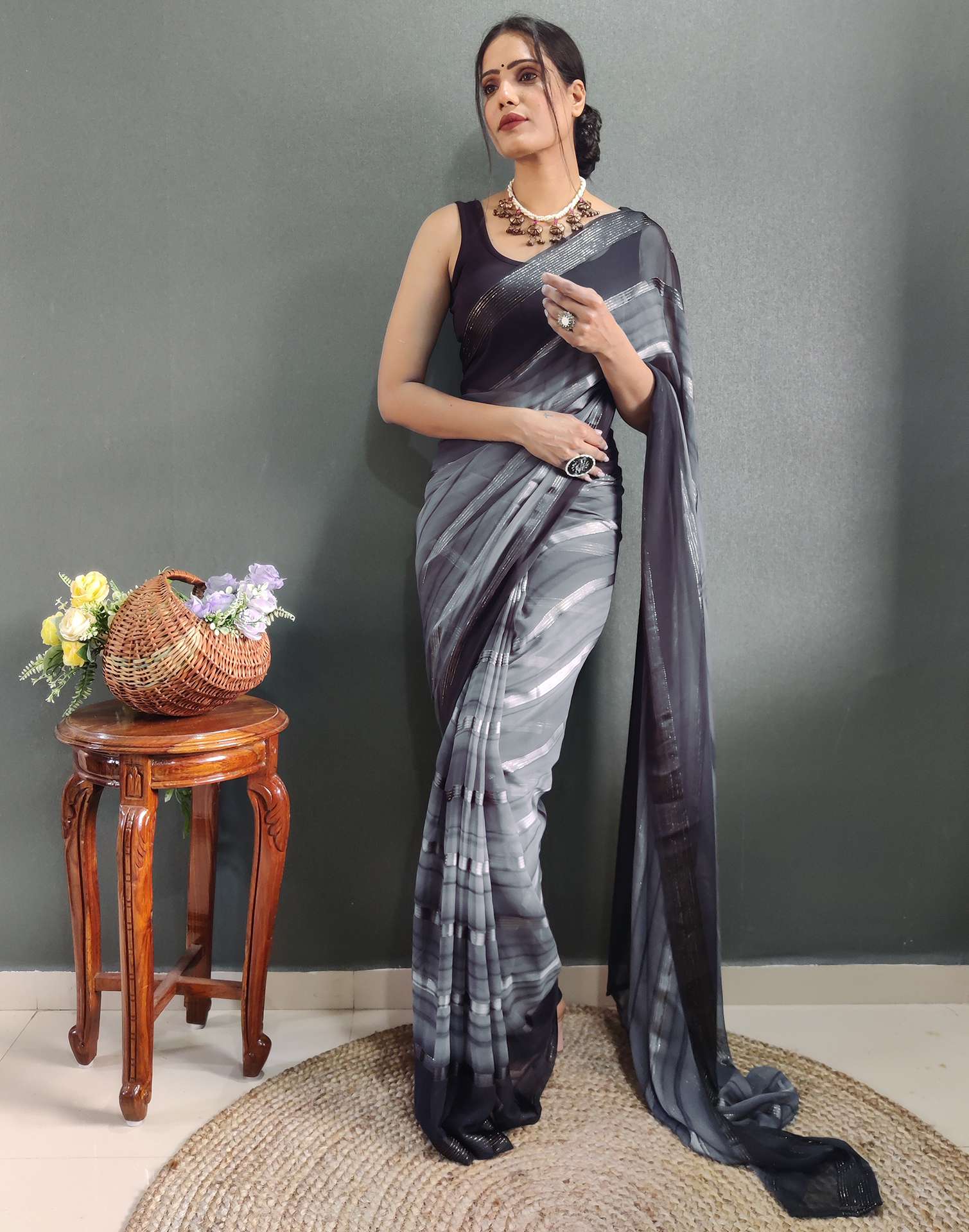 Ready to Wear Grey&amp; black Weaving Georgette Saree