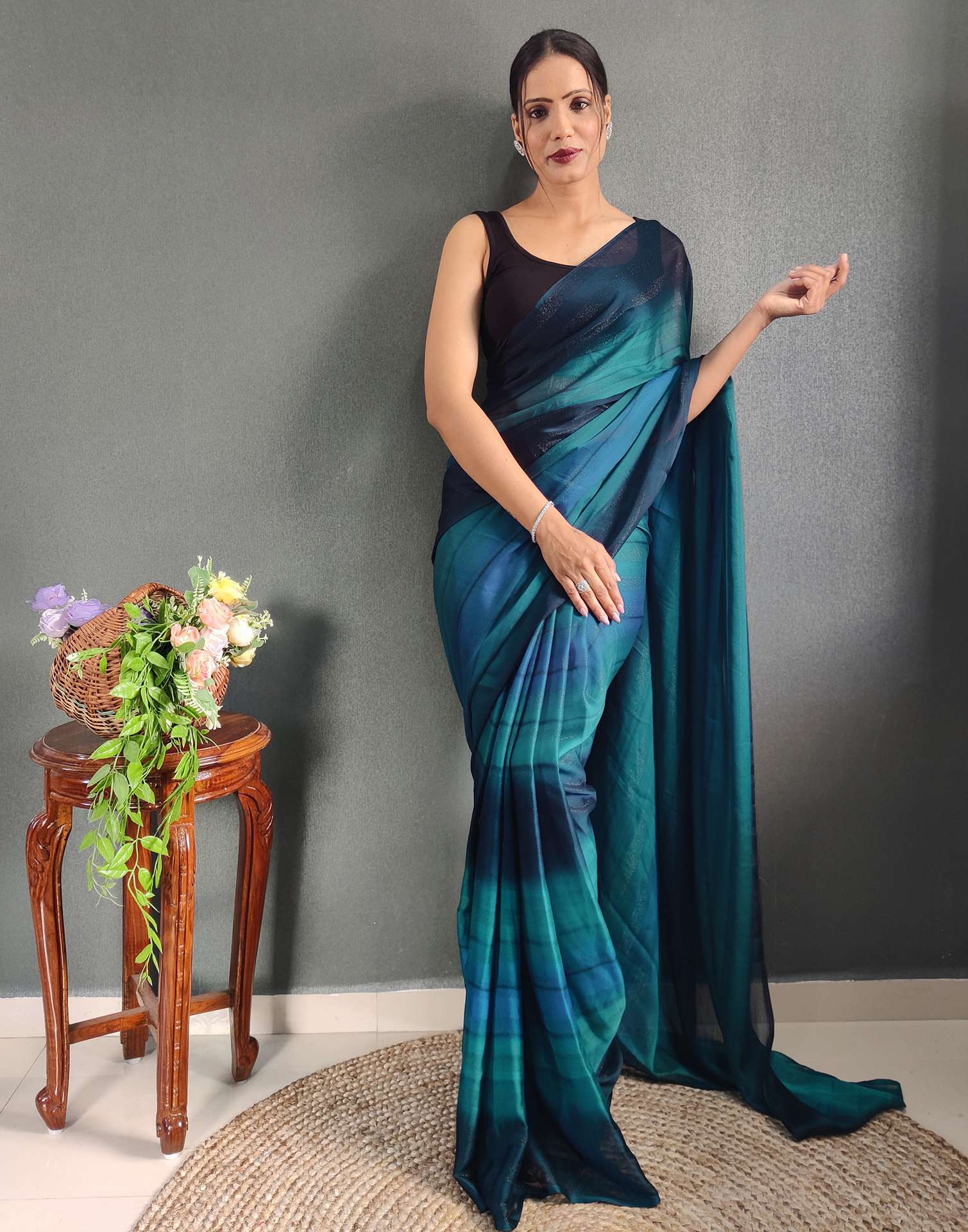 Ready to Wear Blue Printed Georgette Saree