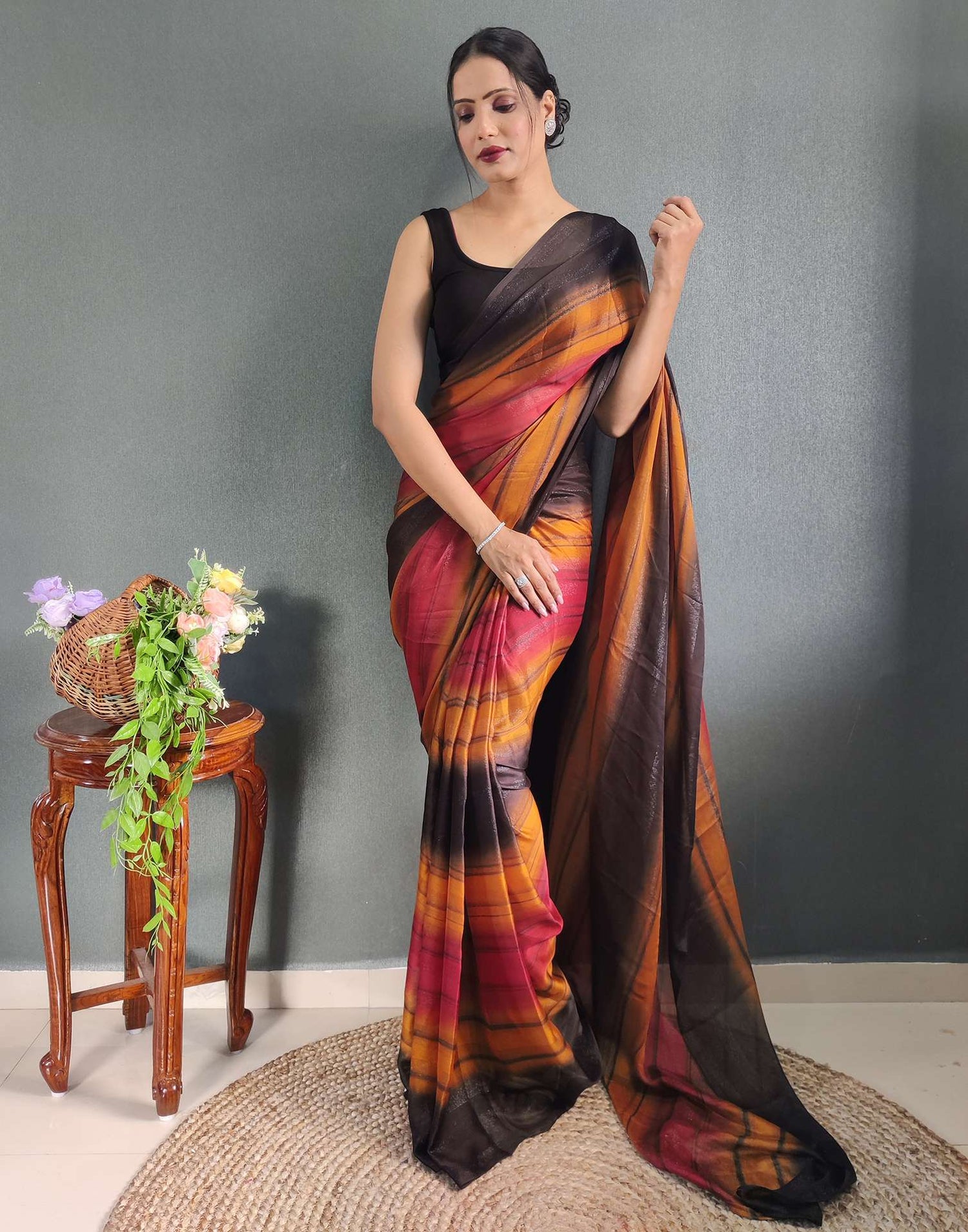 Ready to Wear Multicoloured Printed Georgette Saree