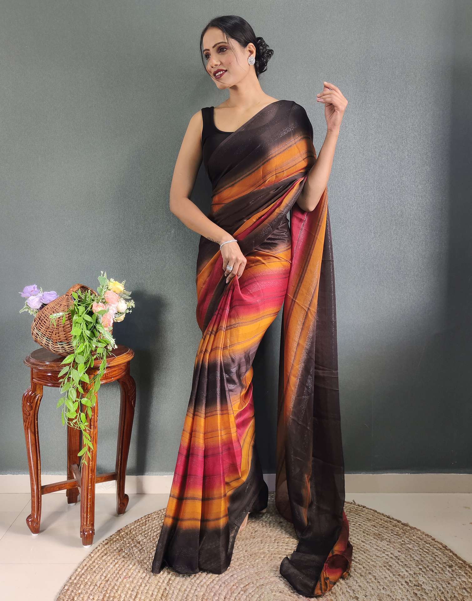 Ready to Wear Multicoloured Printed Georgette Saree