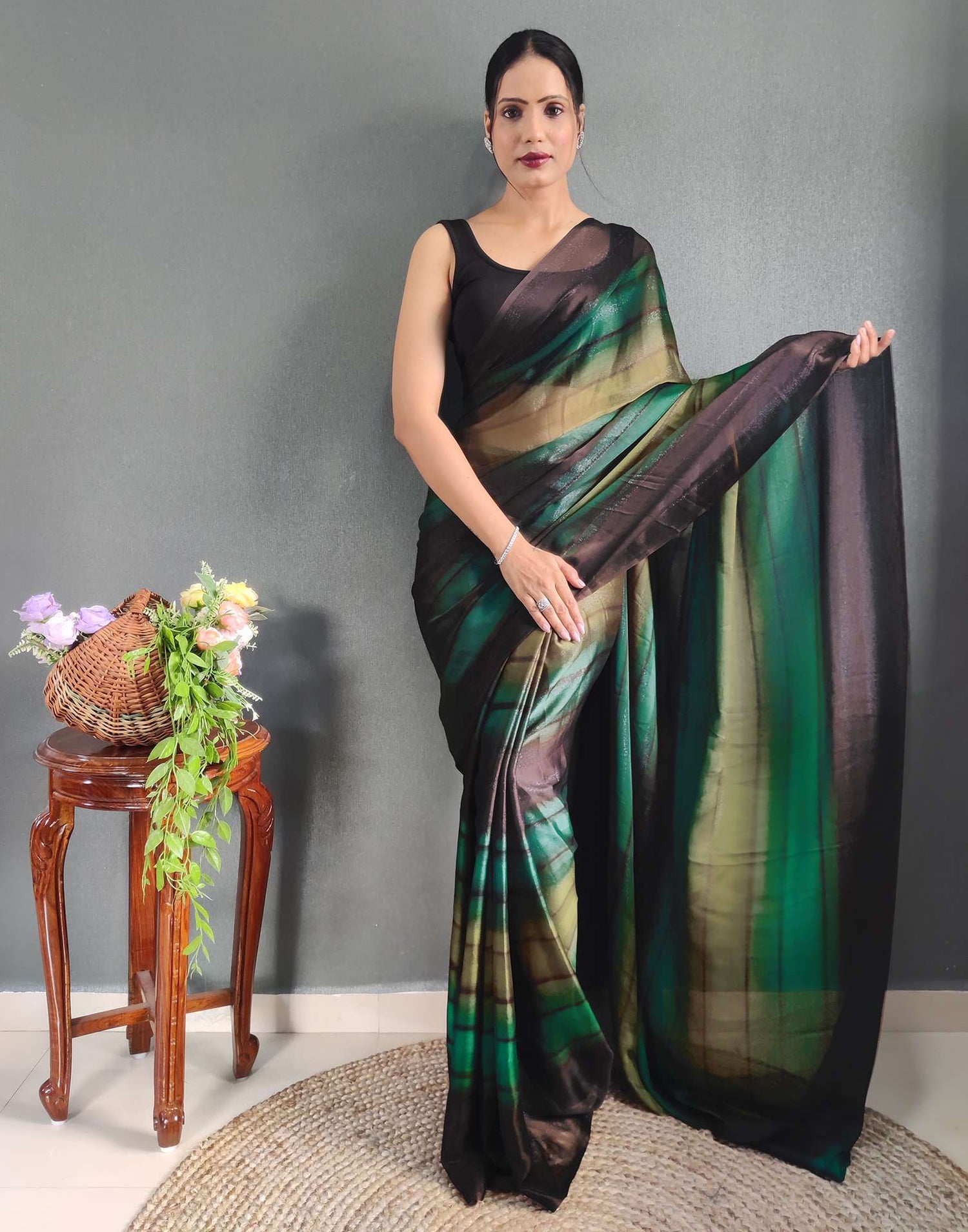 Ready to Wear Mehandi Green Printed Georgette Saree