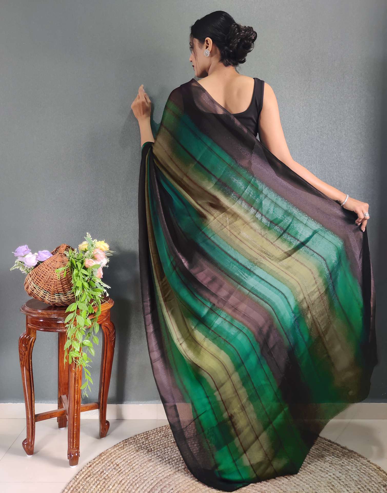 Ready to Wear Mehandi Green Printed Georgette Saree