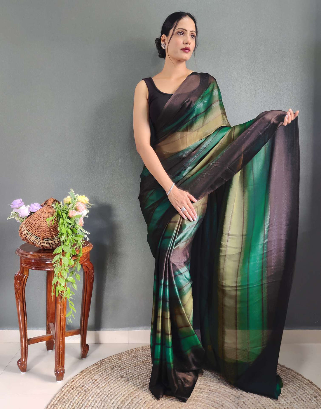 Ready to Wear Mehandi Green Printed Georgette Saree