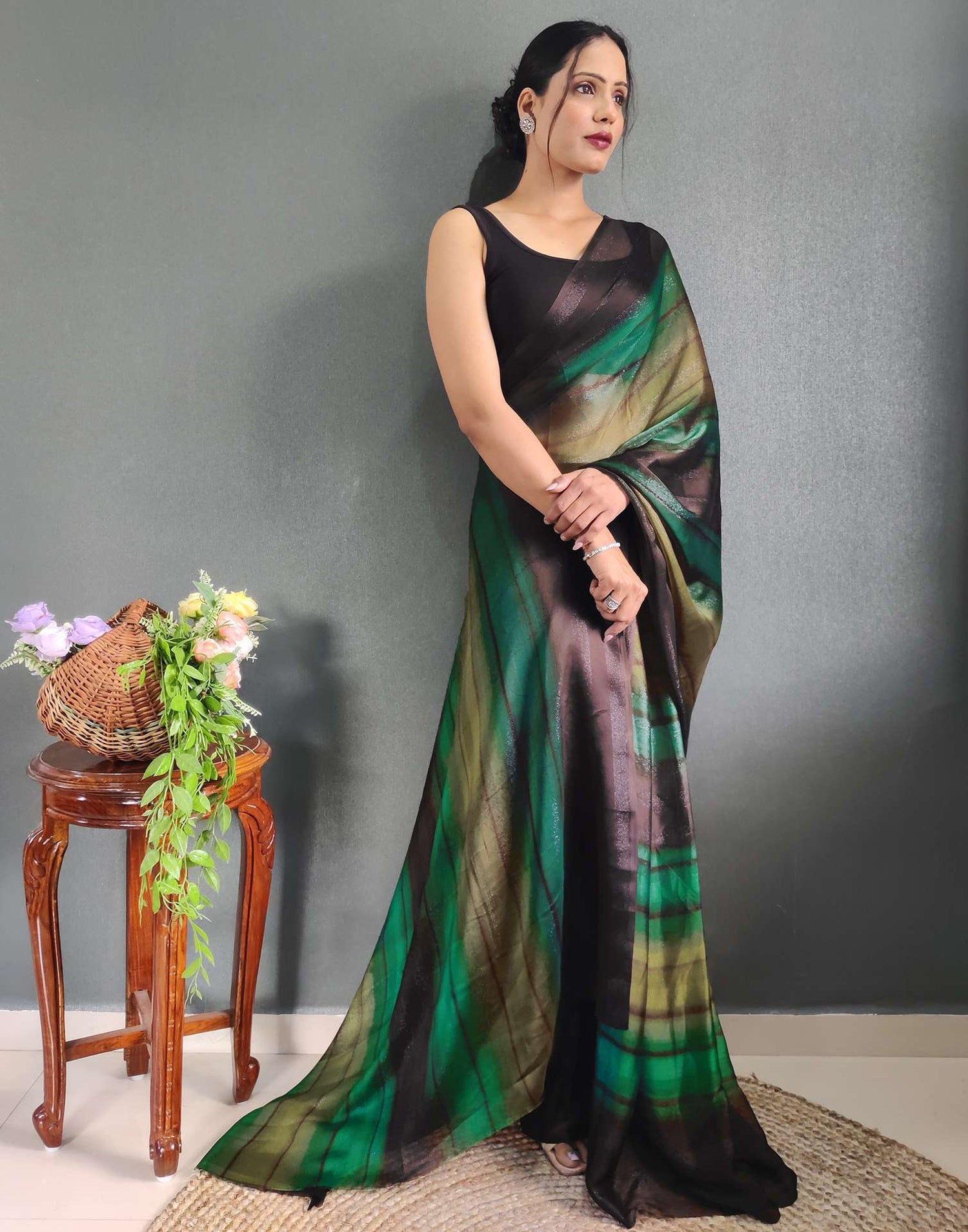 Ready to Wear Mehandi Green Printed Georgette Saree