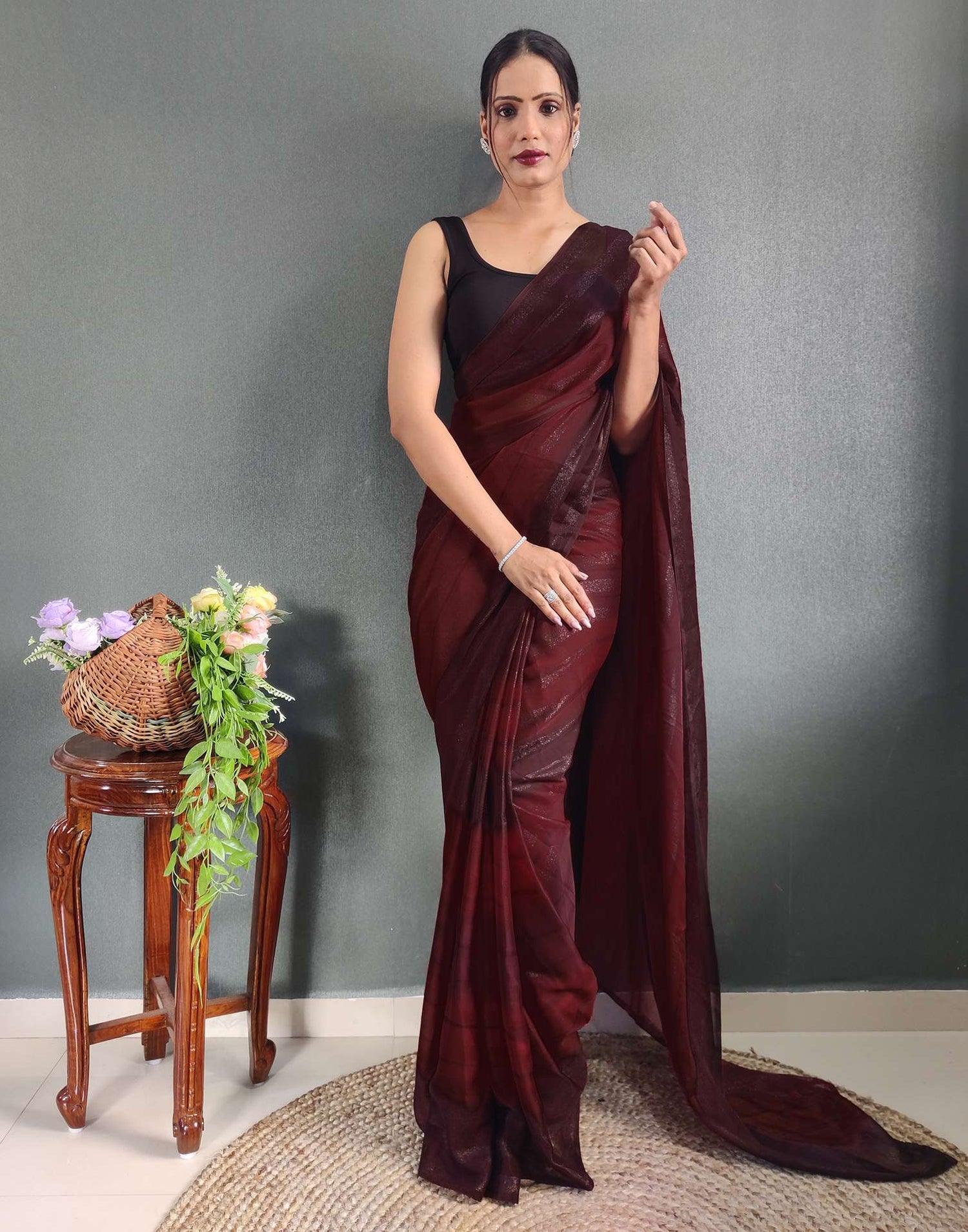 Ready to Wear Maroon Printed Georgette Saree