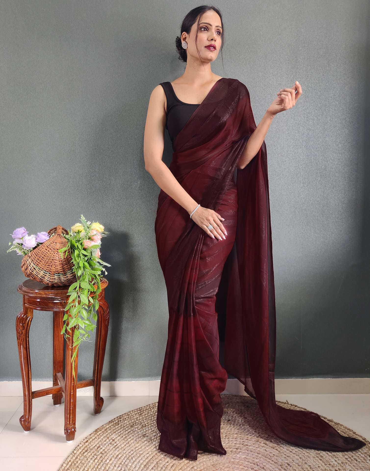 Ready to Wear Maroon Printed Georgette Saree